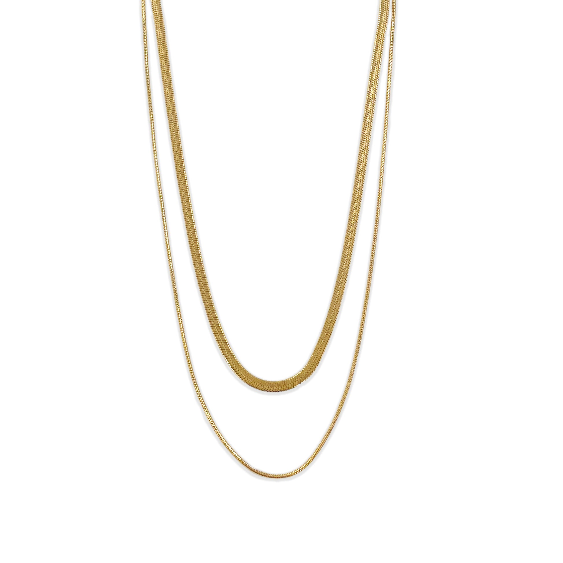 Double Layer Necklace, Stainless Steel Herringbone and Snake Chain, 16-18 Inches, Minimalist Jewelry for Women