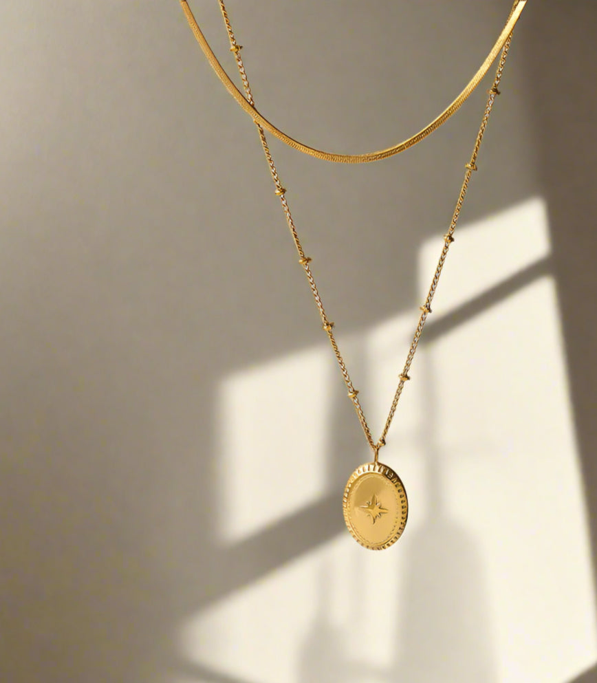 Dainty Star Pendant Necklace, 18K Gold Plated Double Layer Chain, 16-22 Inch Adjustable Length, Stainless Steel Minimalist Jewelry