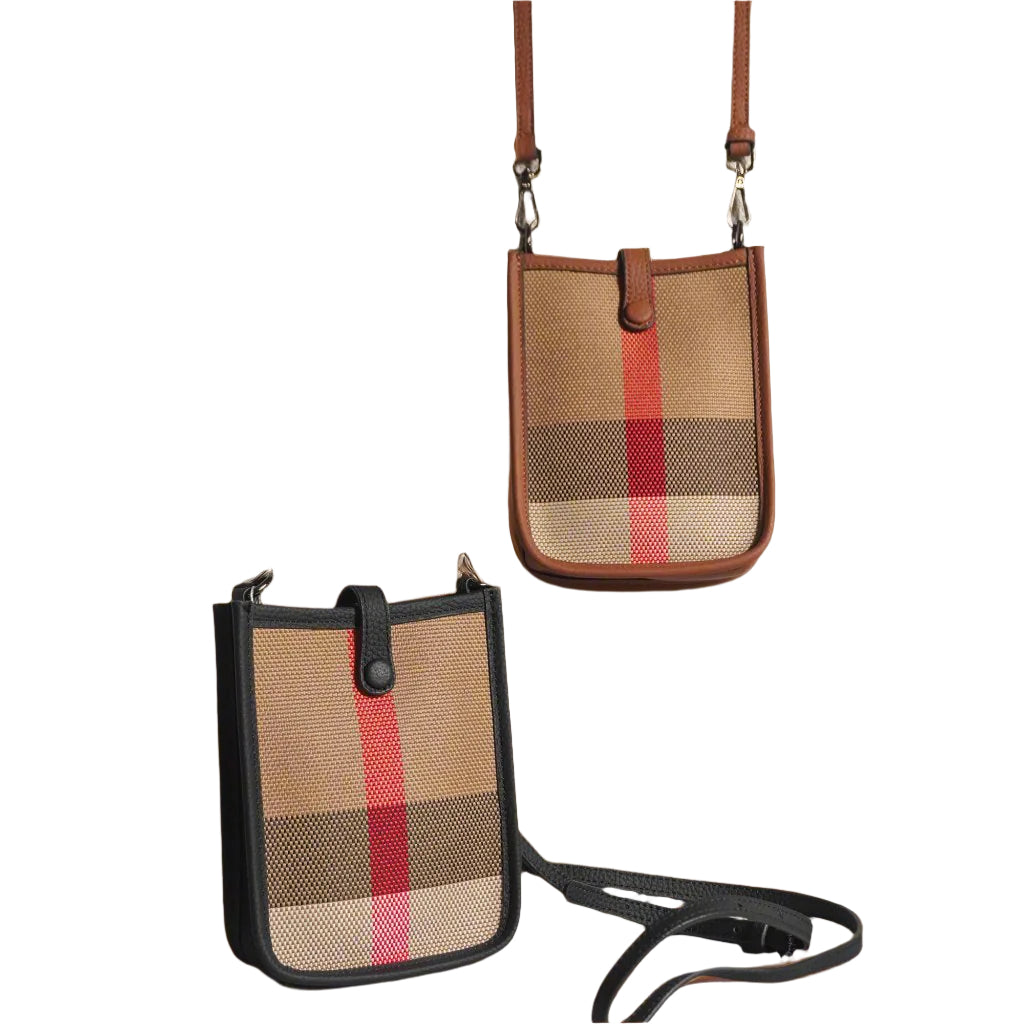 Genuine Leather Plaid Canvas Crossbody Bag – Stylish Checkered Shoulder Purse for Everyday Use