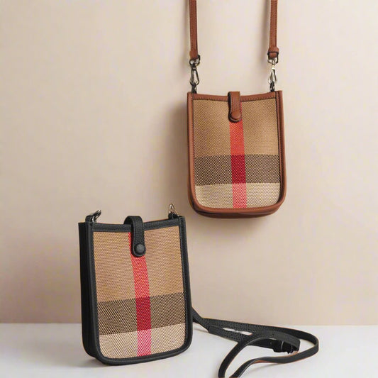 Genuine Leather Plaid Canvas Crossbody Bag