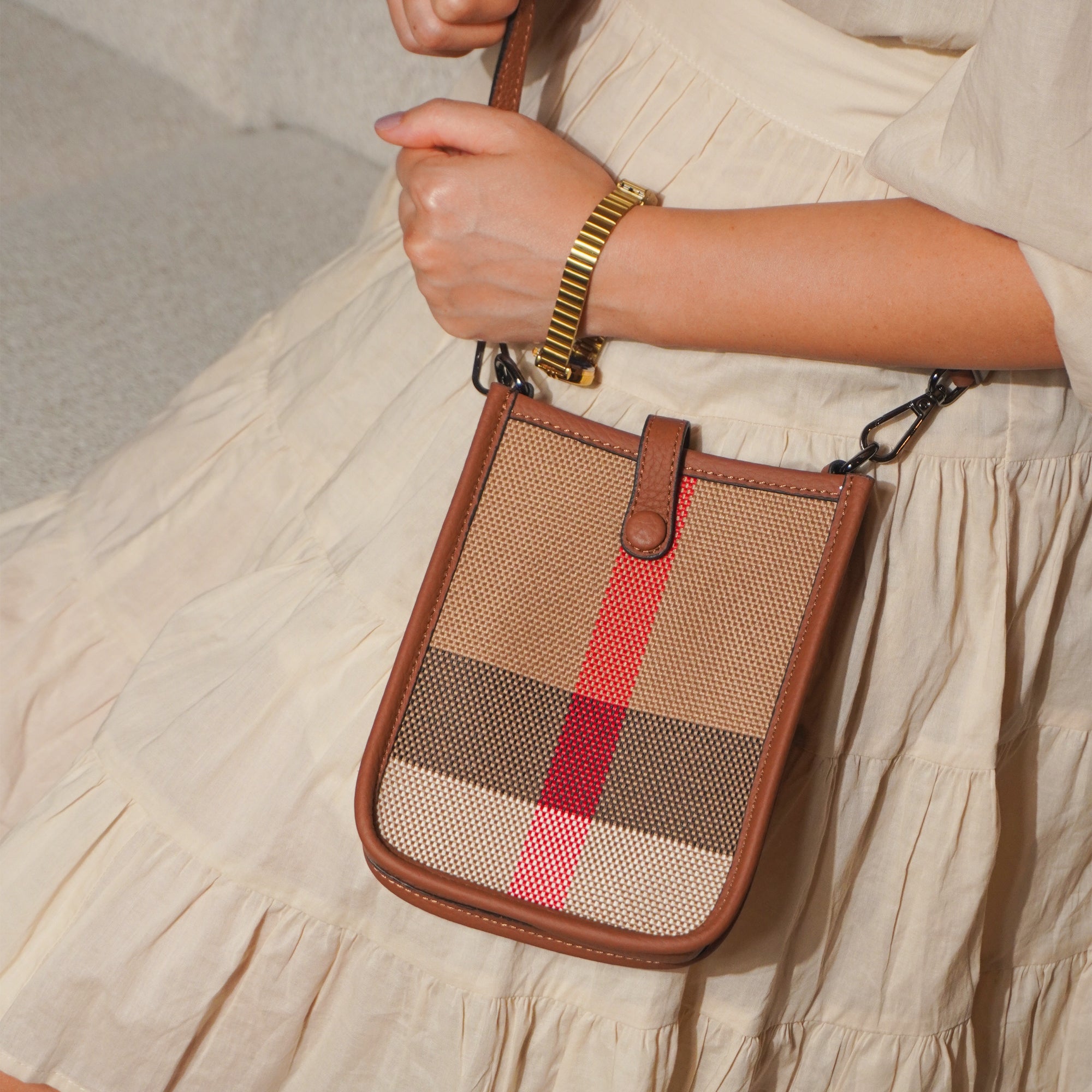 Genuine Leather Plaid Canvas Crossbody Bag – Stylish Checkered Shoulder Purse for Everyday Use