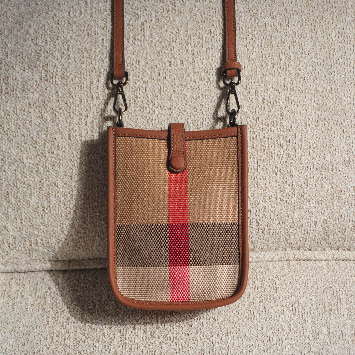 Genuine Leather Plaid Canvas Crossbody Bag