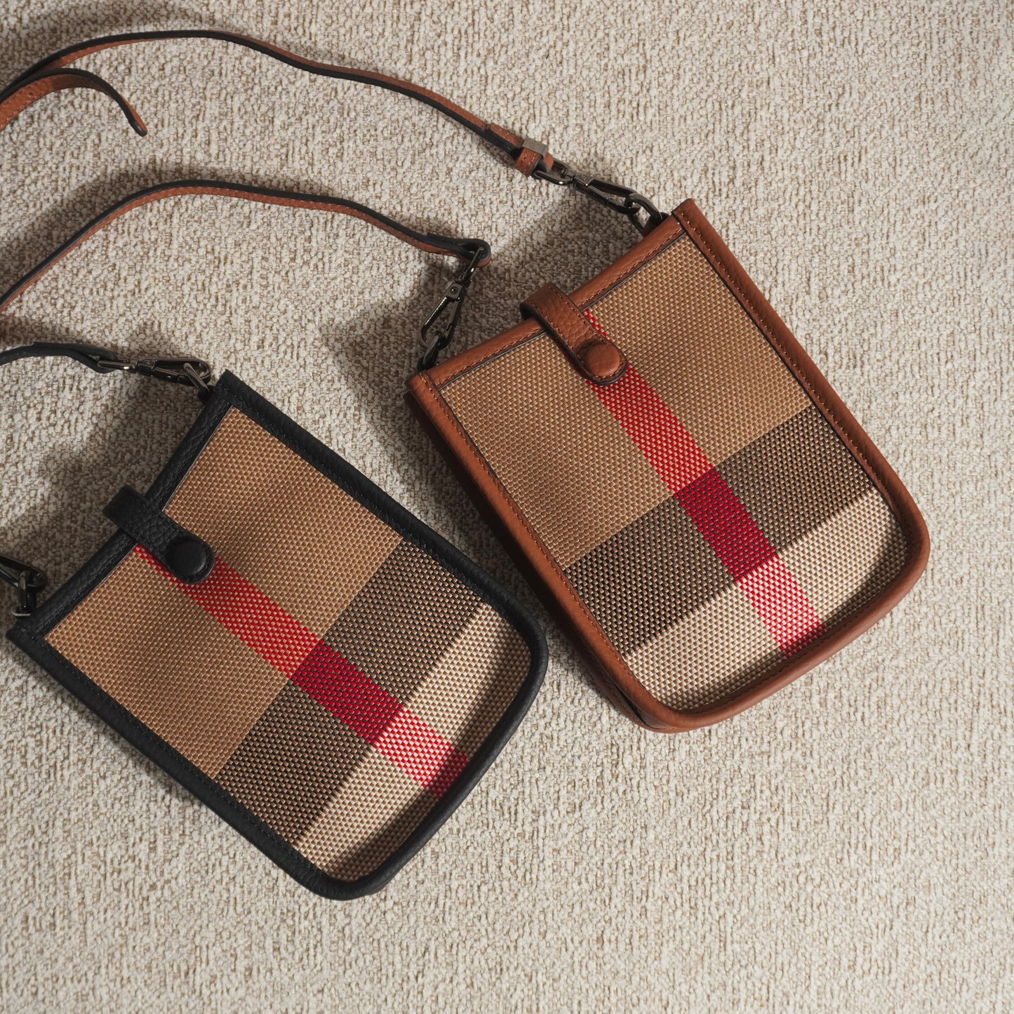 Genuine Leather Plaid Canvas Crossbody Bag