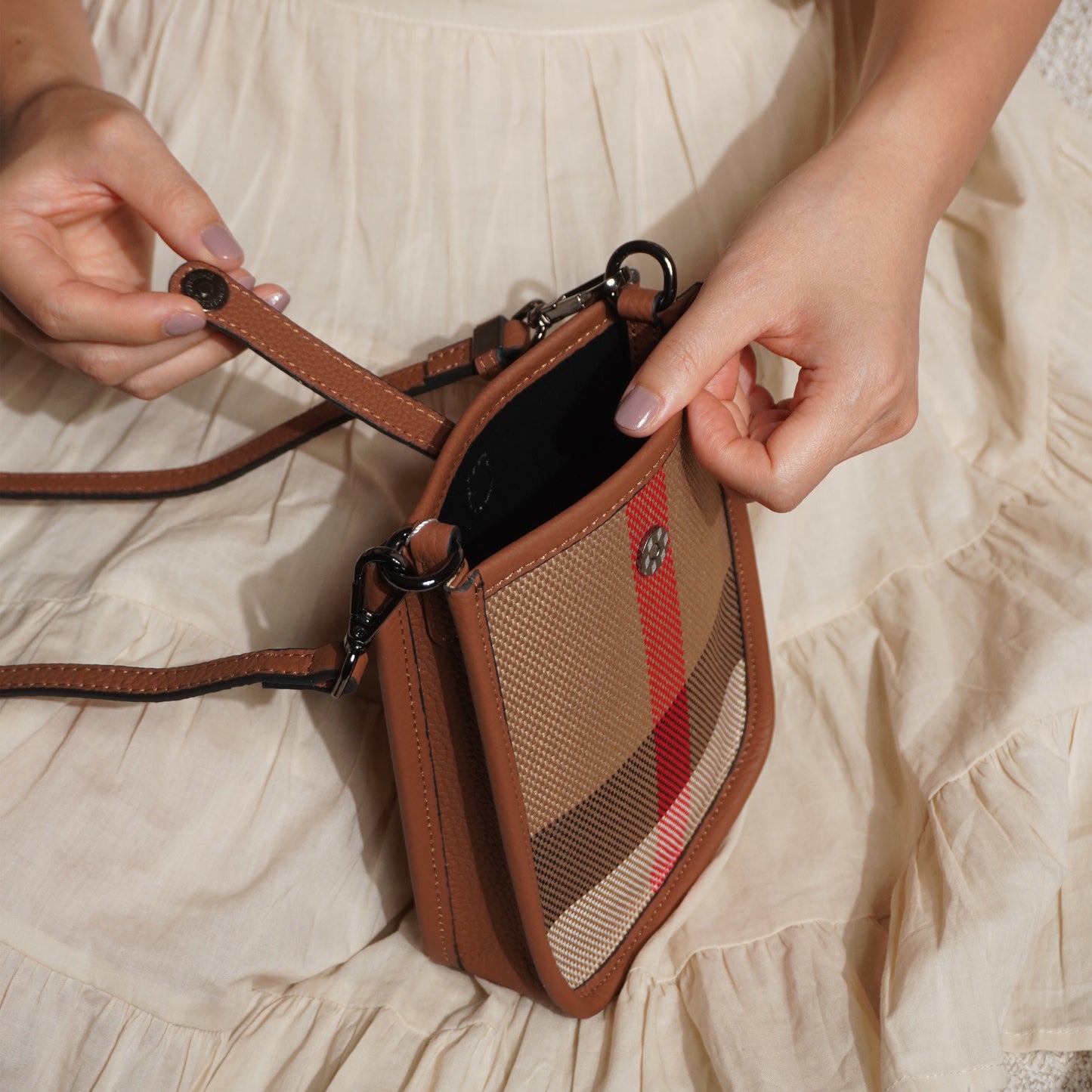 Genuine Leather Plaid Canvas Crossbody Bag