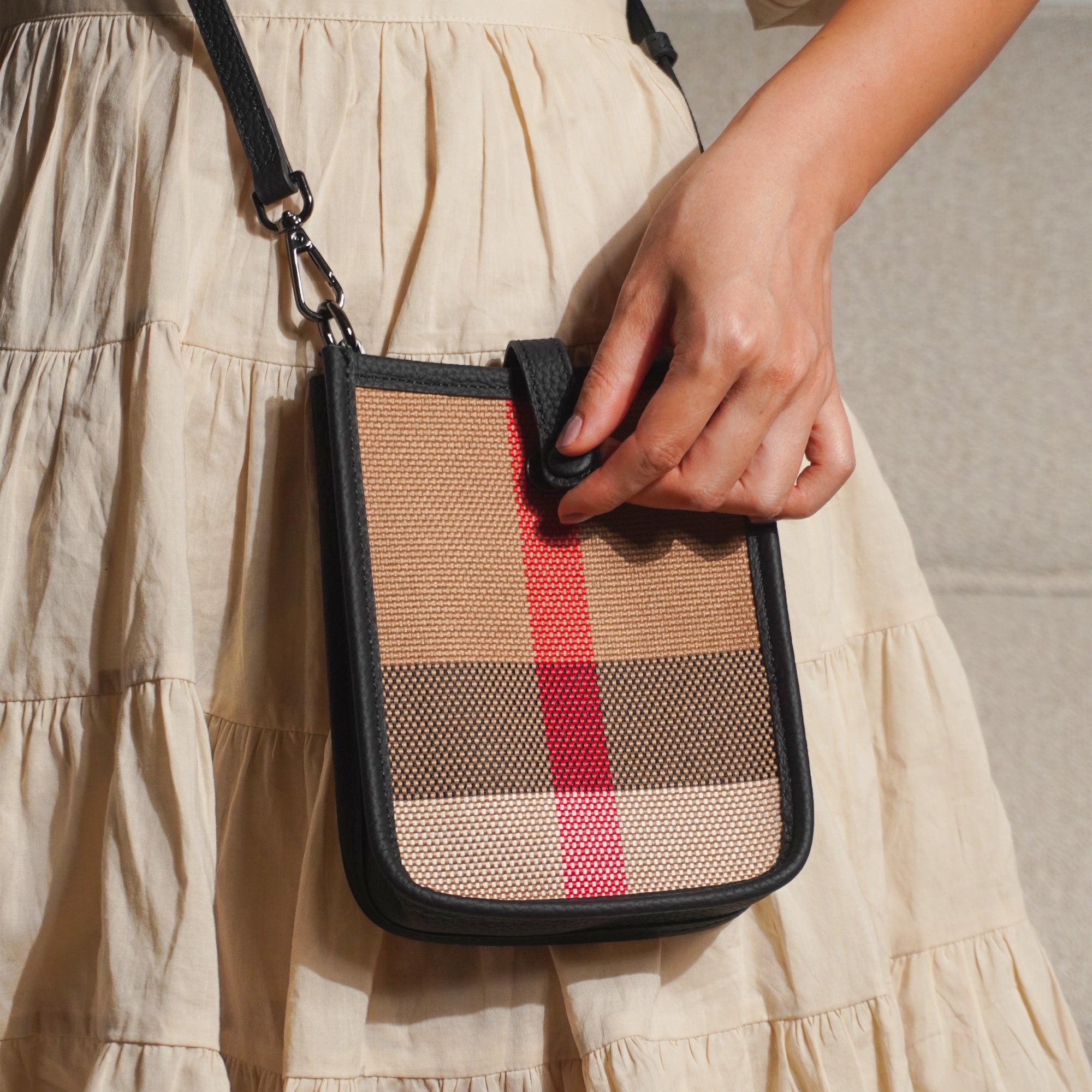 Genuine Leather Plaid Canvas Crossbody Bag – Stylish Checkered Shoulder Purse for Everyday Use