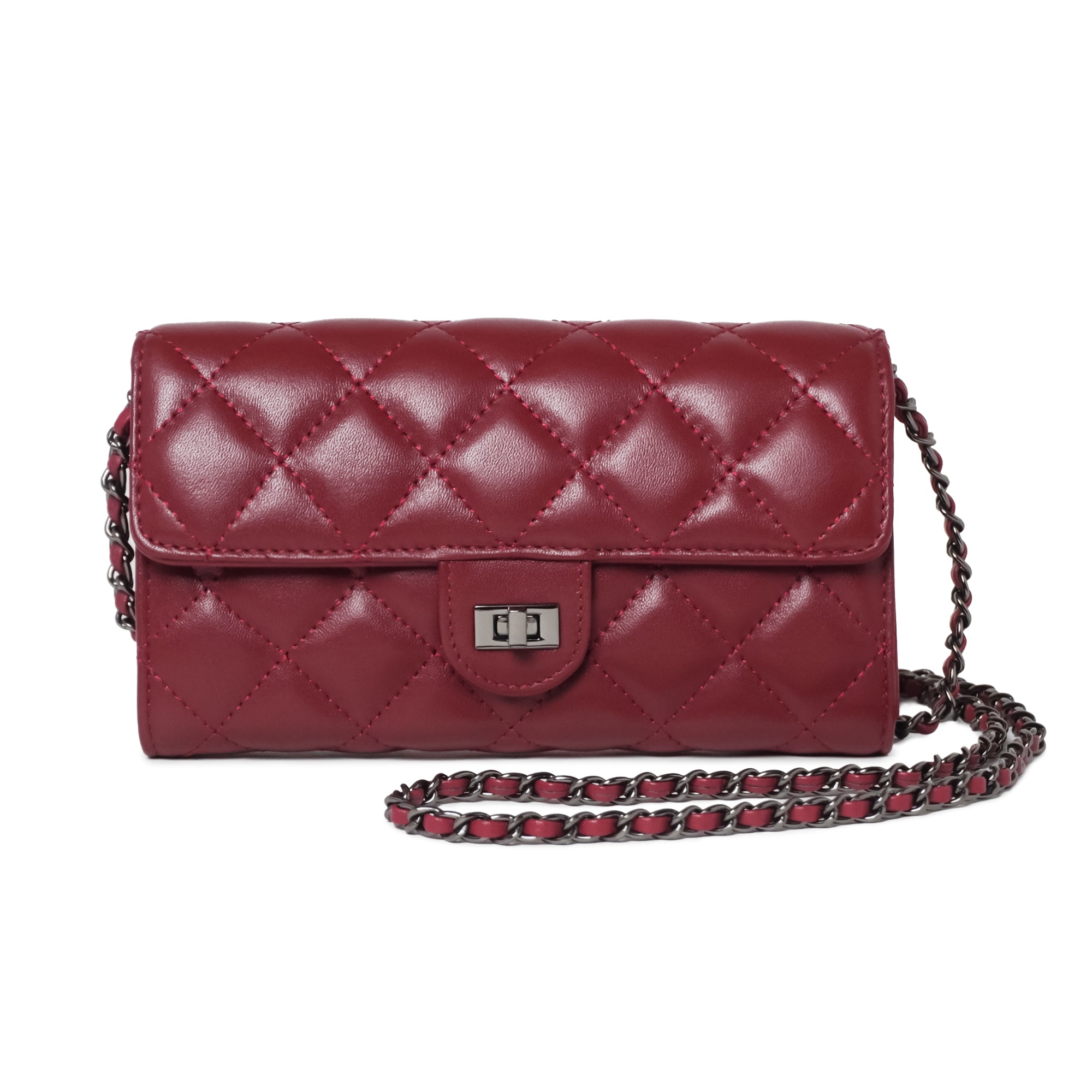 Quilted Genuine Leather Crossbody Bag with Chain Strap