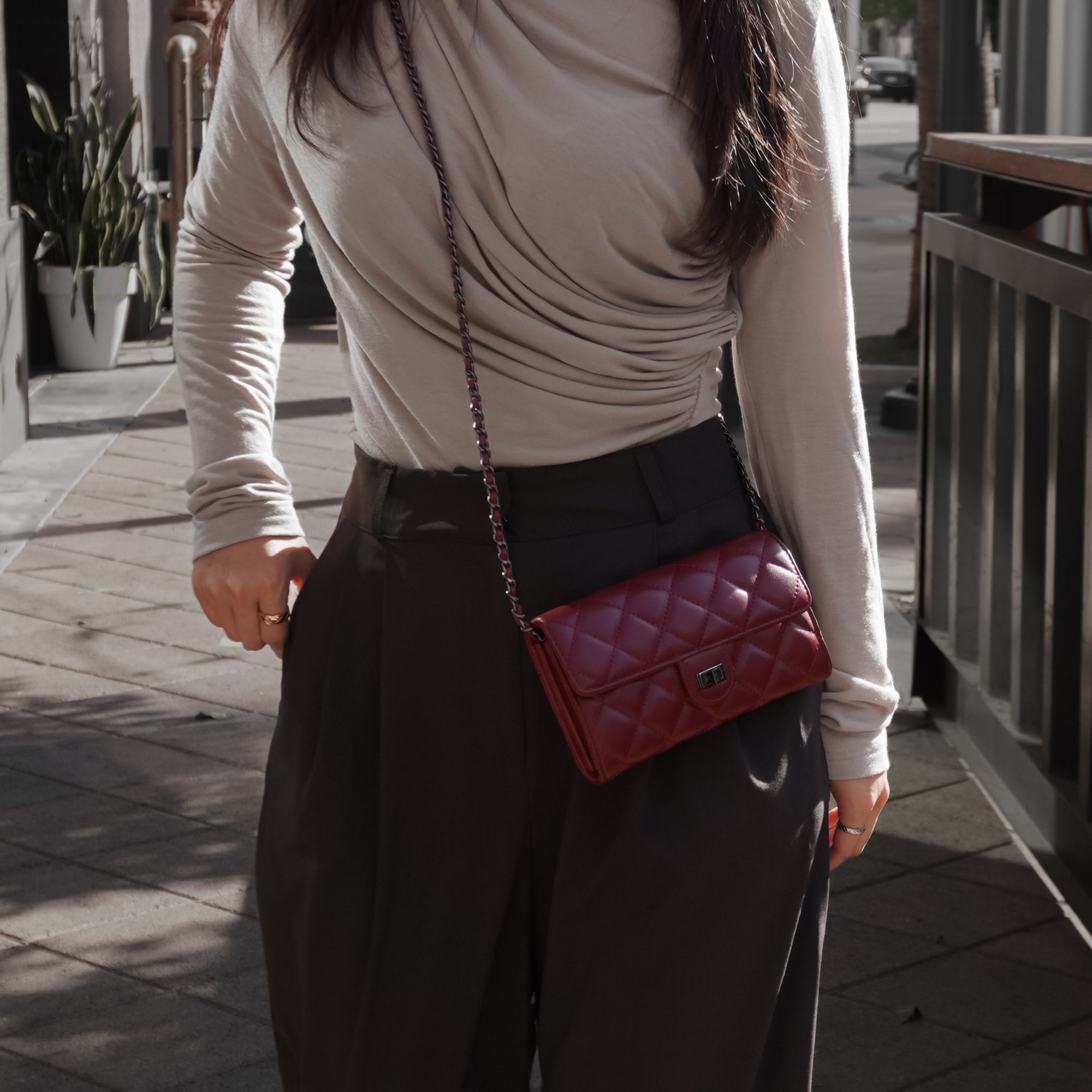 Quilted Genuine Leather Crossbody Bag with Chain Strap