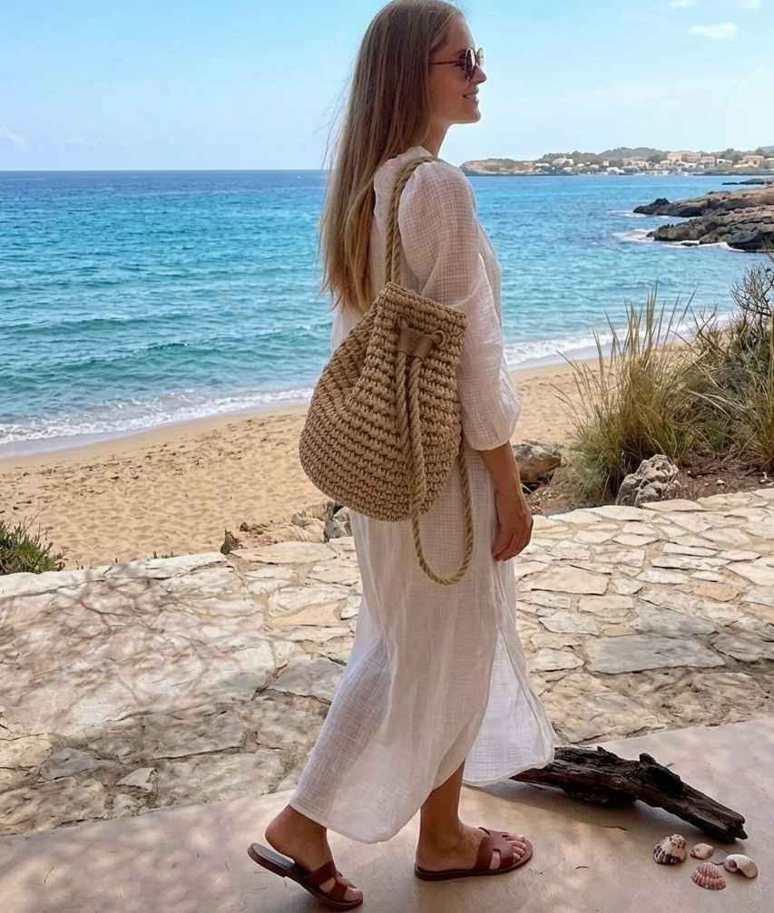 Straw Woven Drawstring Bucket Backpack, Summer Beach Bag, Summer Raffia Backpack