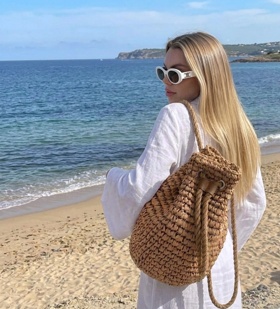 Straw Woven Drawstring Bucket Backpack, Summer Beach Bag, Summer Raffia Backpack