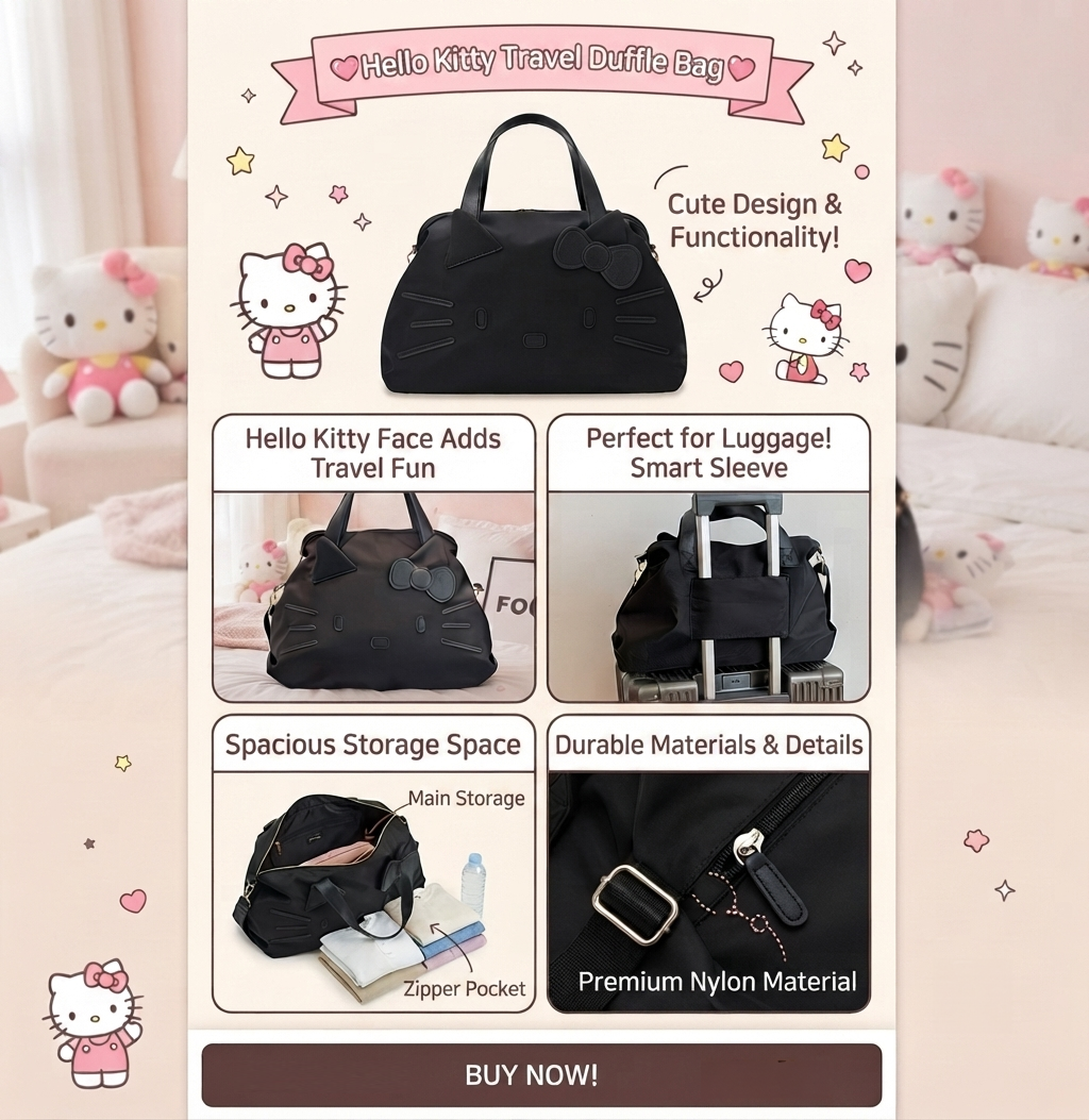 Sanrio Hello Kitty Face Duffle Bag – Black Lightweight Travel Gym Weekender Carry-On Tote