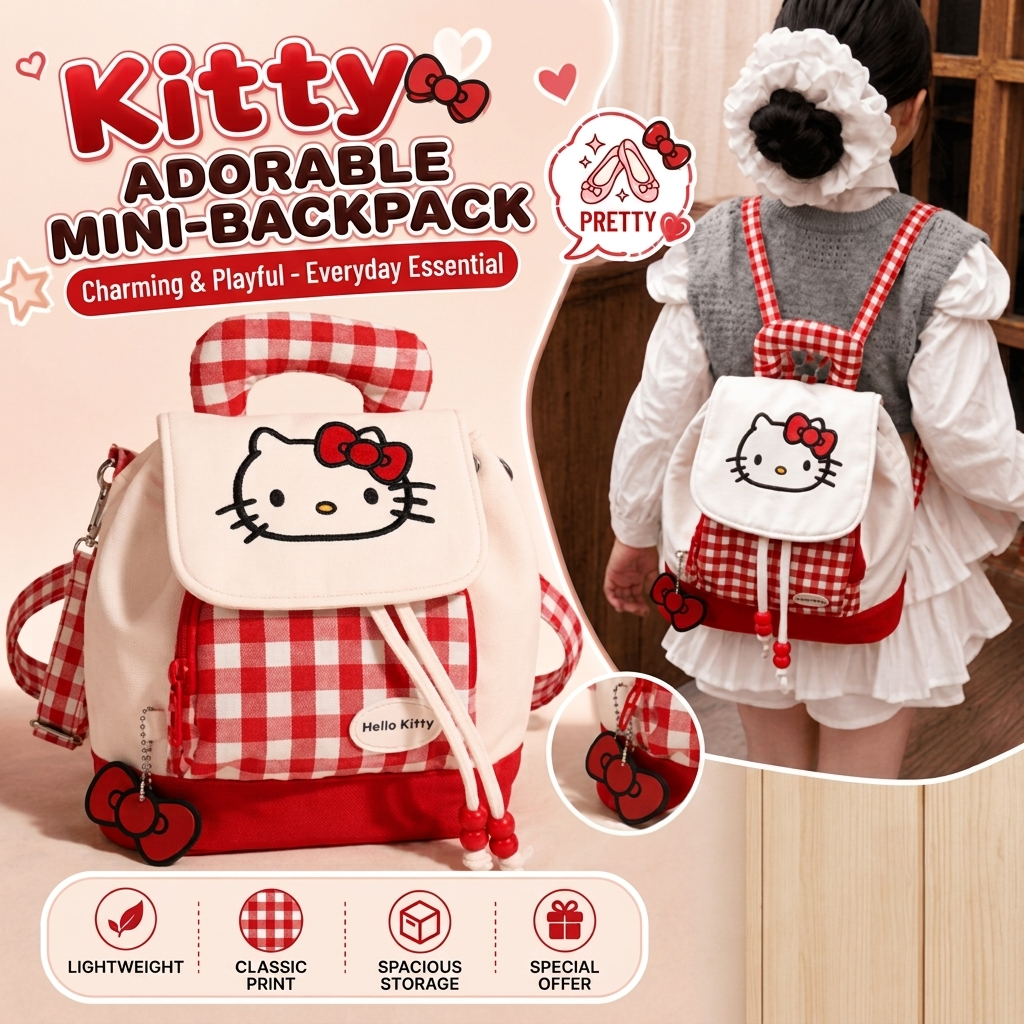 Sanrio Hello Kitty Mini Backpack – Red & White Kawaii Travel Daypack for Women & Kids
