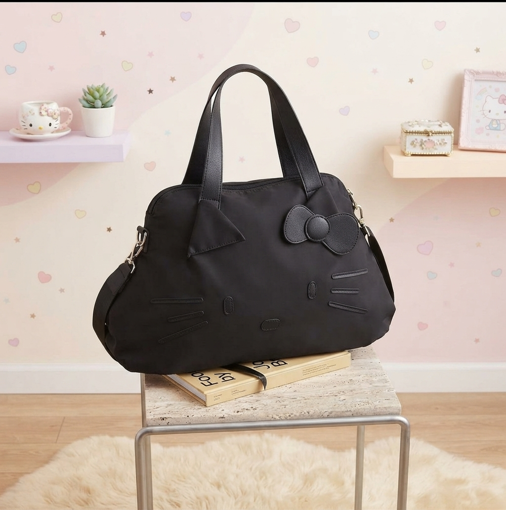 Sanrio Hello Kitty Face Duffle Bag – Black Lightweight Travel Gym Weekender Carry-On Tote