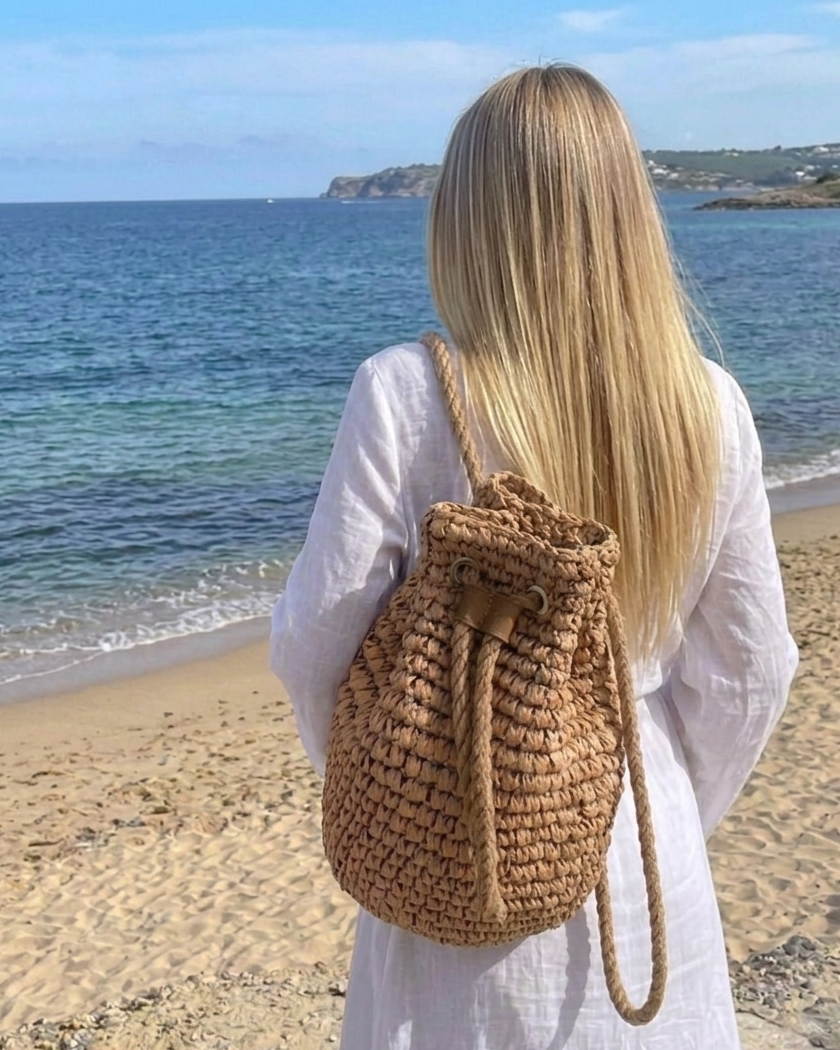 Straw Woven Drawstring Bucket Backpack, Summer Beach Bag, Summer Raffia Backpack