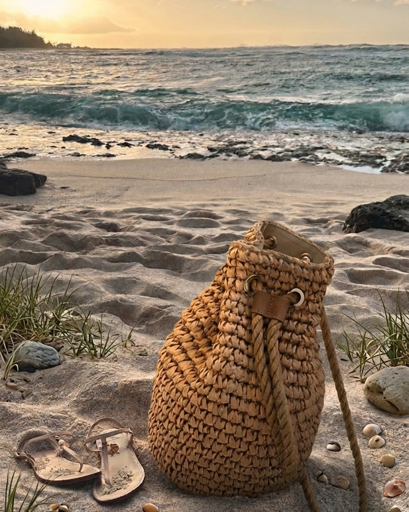 Straw Woven Drawstring Bucket Backpack, Summer Beach Bag, Summer Raffia Backpack