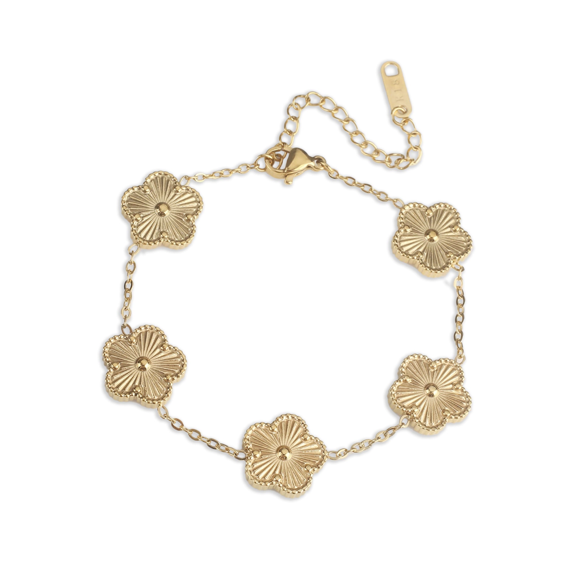 18k Gold Plated Five Petal Clover Bracelet, Trendy Adjustable Chain, Dainty Stainless Steel Five Leaf Clover Jewelry for Women