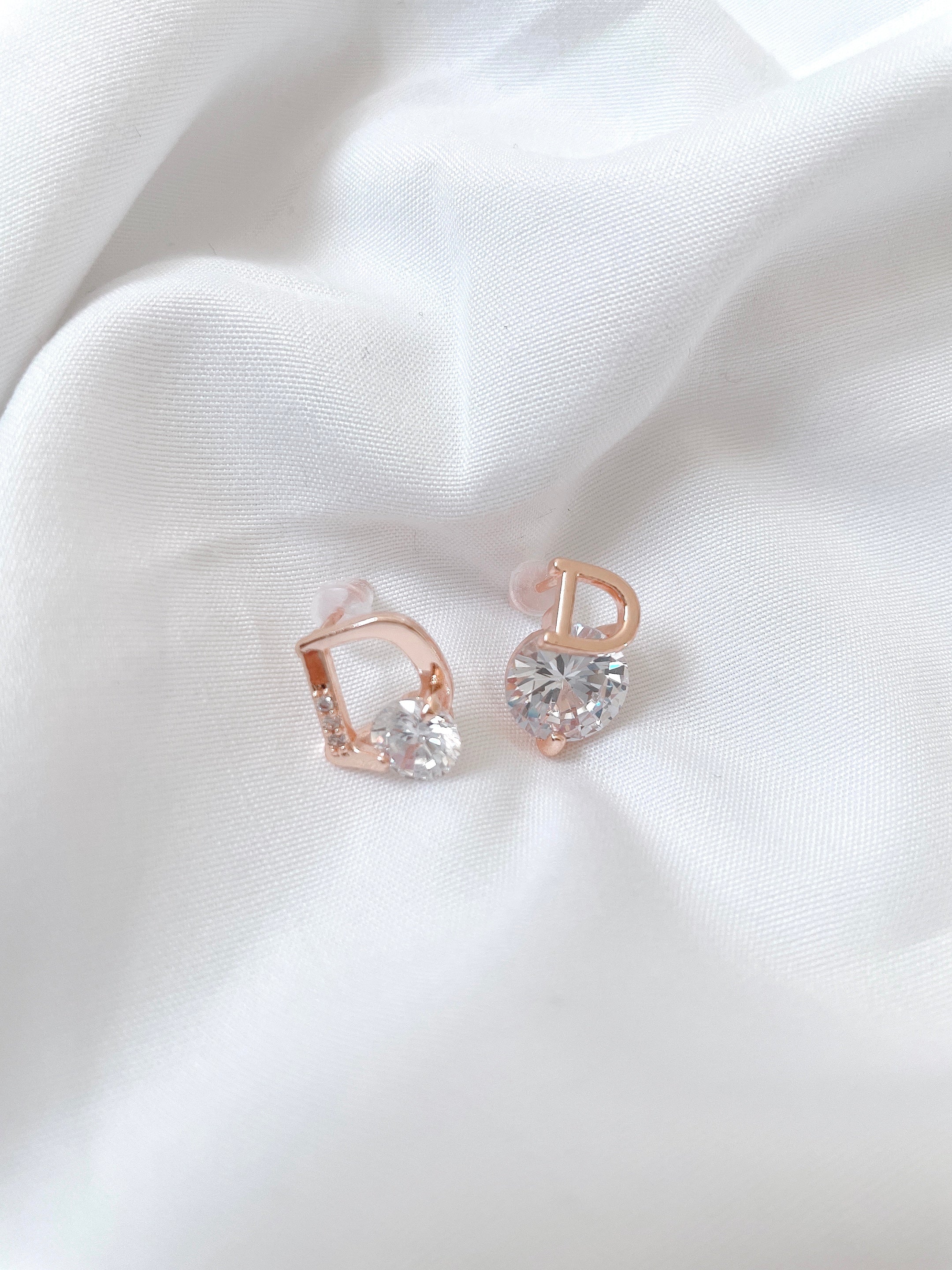 Rose Gold Plated Asymmetrical D Initial Earrings, Mismatched Statement Studs for Women