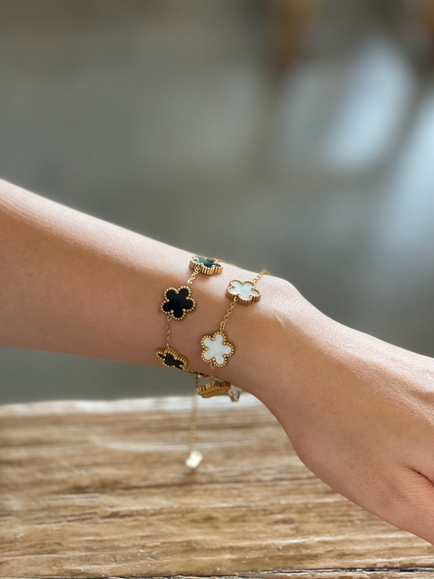 18k Gold Plated Five Petal Clover Bracelet, Stainless Steel Five Leaf Clover Jewelry for Women