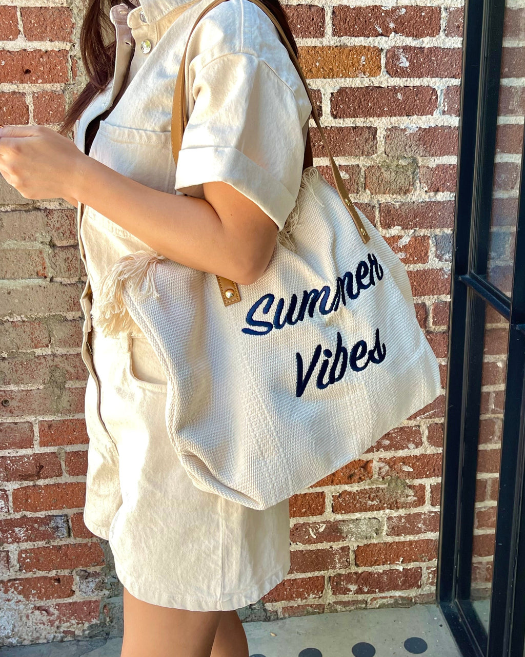 Summer Vibes Embroidered Tote Bag – Lightweight Canvas Shoulder Bag for Beach & Everyday Use