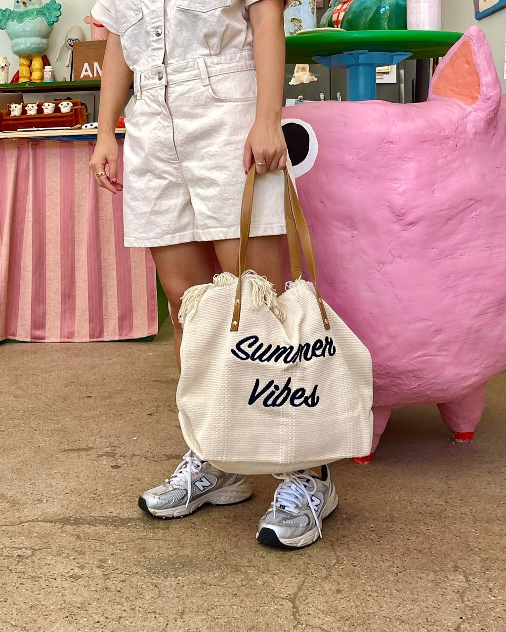 Summer Vibes Embroidered Tote Bag – Lightweight Canvas Shoulder Bag for Beach & Everyday Use