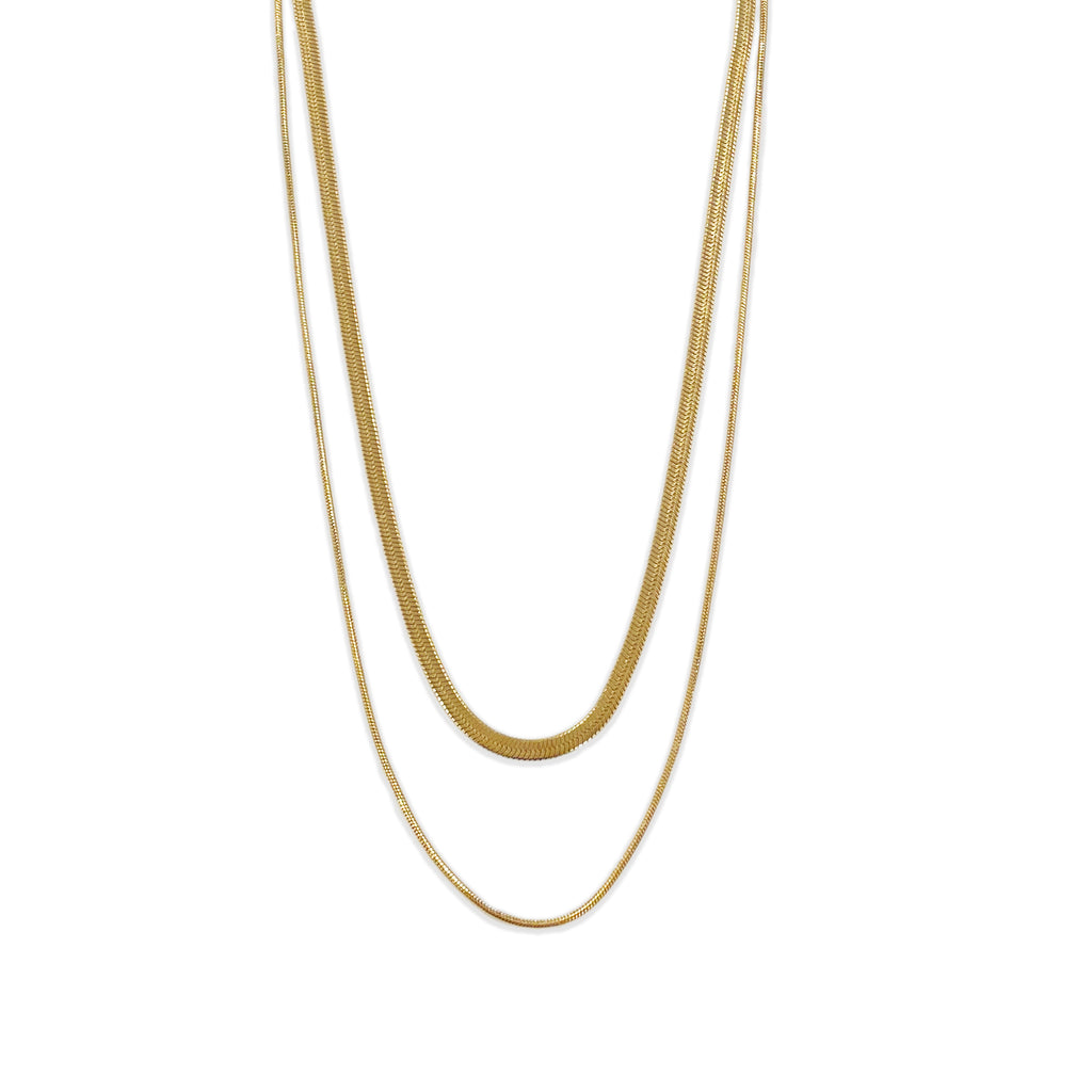 Double Layer Necklace, Stainless Steel Herringbone and Snake Chain, 16-18 Inches, Minimalist Jewelry for Women