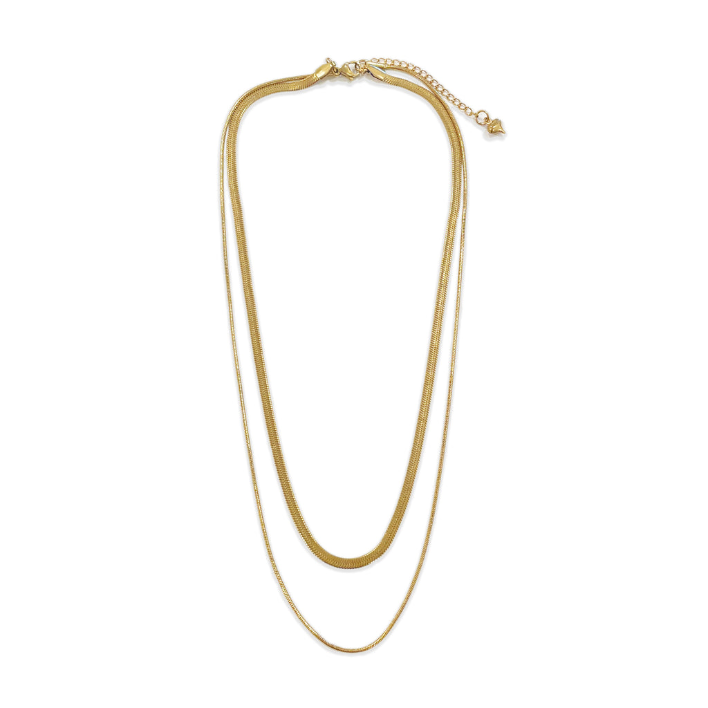 Double Layer Necklace, Stainless Steel Herringbone and Snake Chain, 16-18 Inches, Minimalist Jewelry for Women