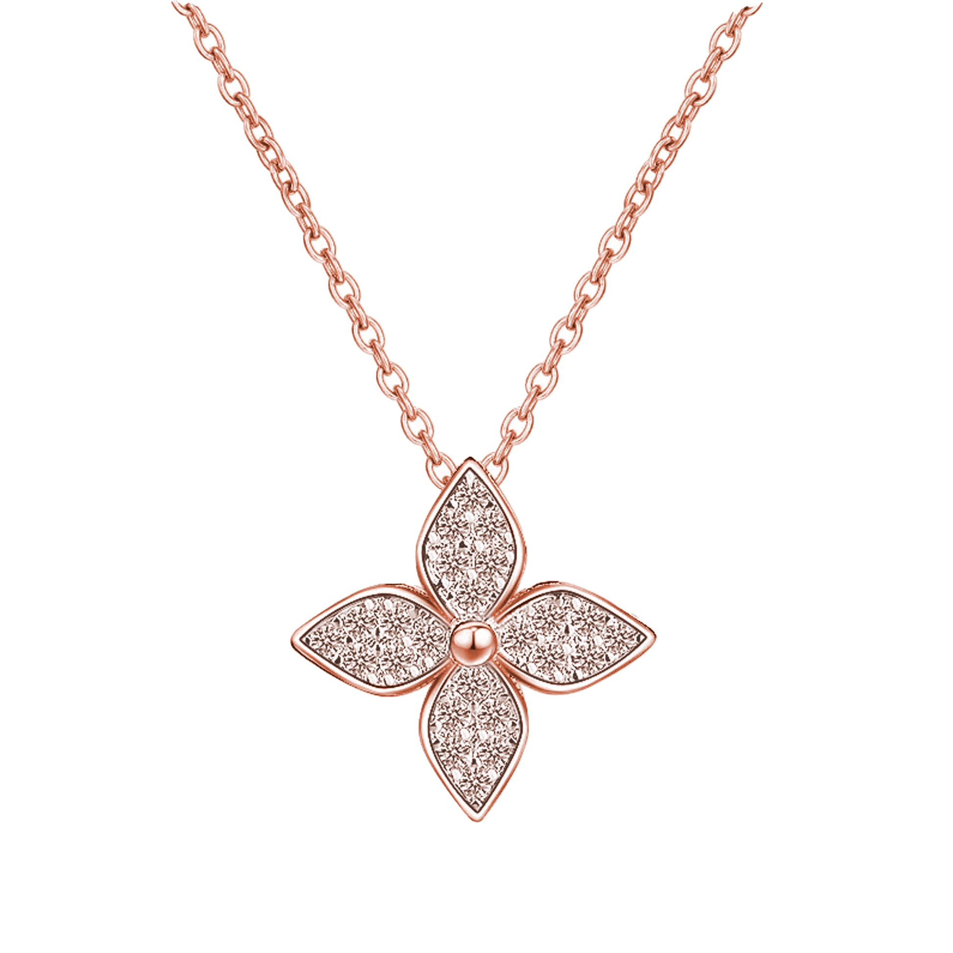 925 Sterling Silver Four-Leaf Clover Necklace, Pave Four Petal Lucky Charm Pendant