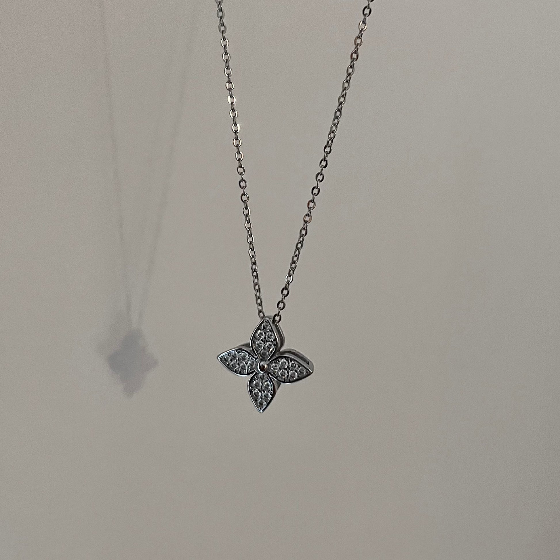 925 Sterling Silver Four-Leaf Clover Necklace, Pave Four Petal Lucky Charm Pendant