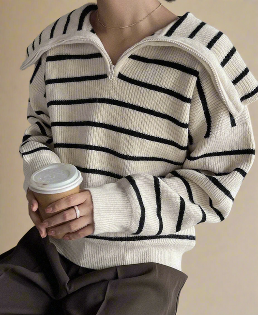 Open Collar Striped Sweater