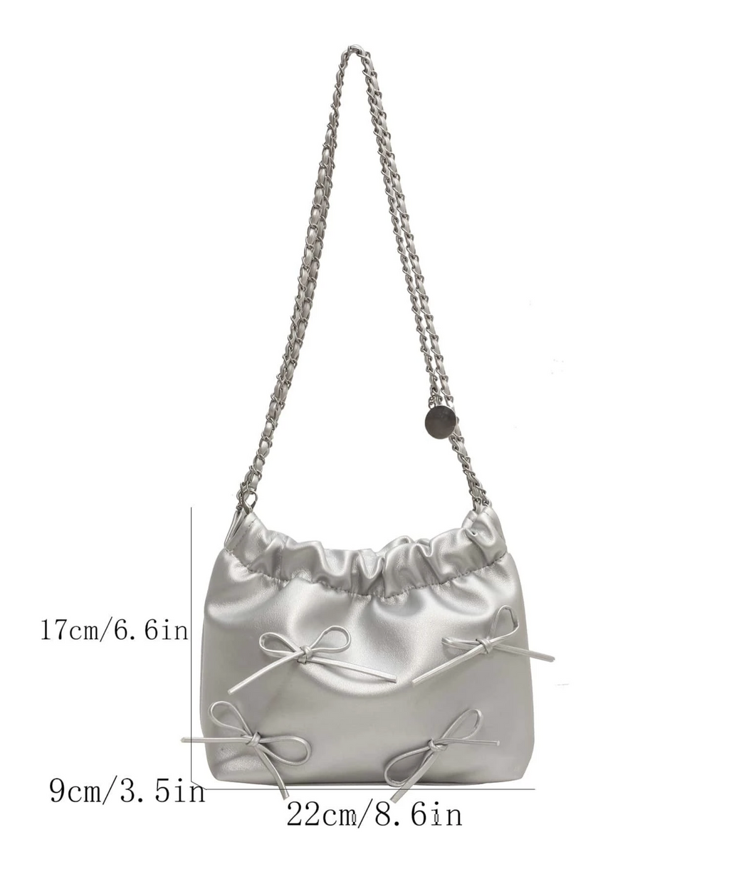 Silver Bow Chain Shoulder Bag – Glam Mini Purse with Metallic Finish & Cute Bow Detail
