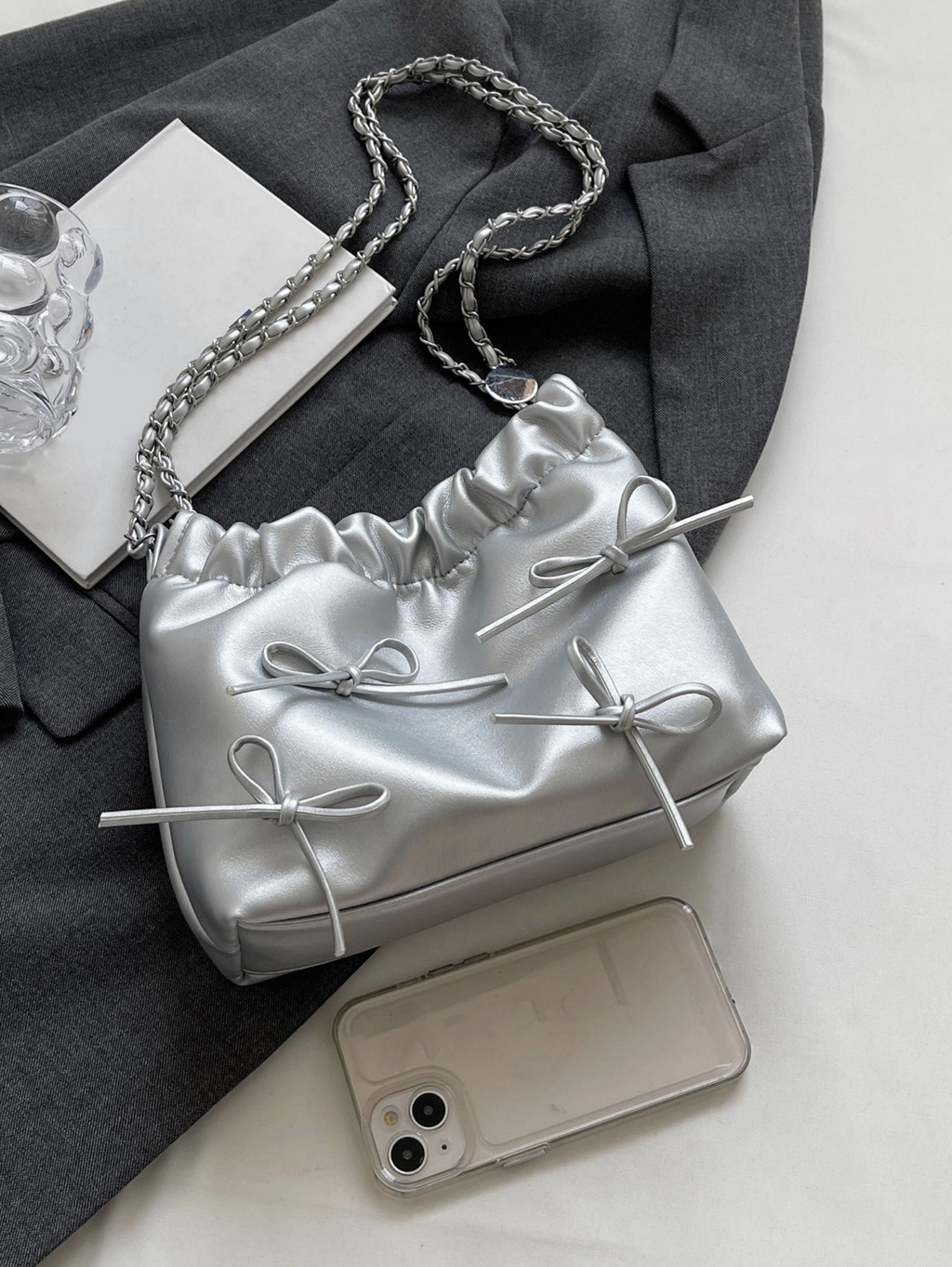 Silver Bow Chain Shoulder Bag – Glam Mini Purse with Metallic Finish & Cute Bow Detail