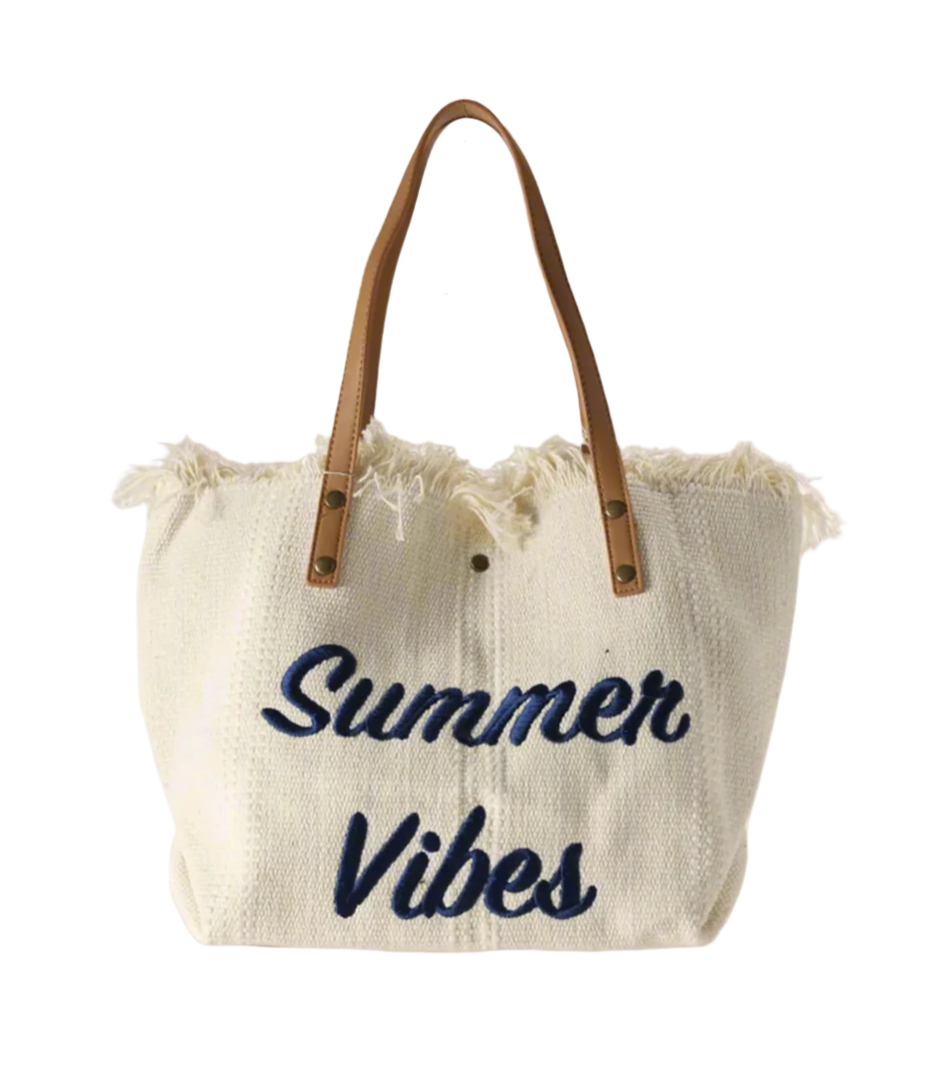 Summer Vibes Embroidered Tote Bag – Lightweight Canvas Shoulder Bag for Beach & Everyday Use