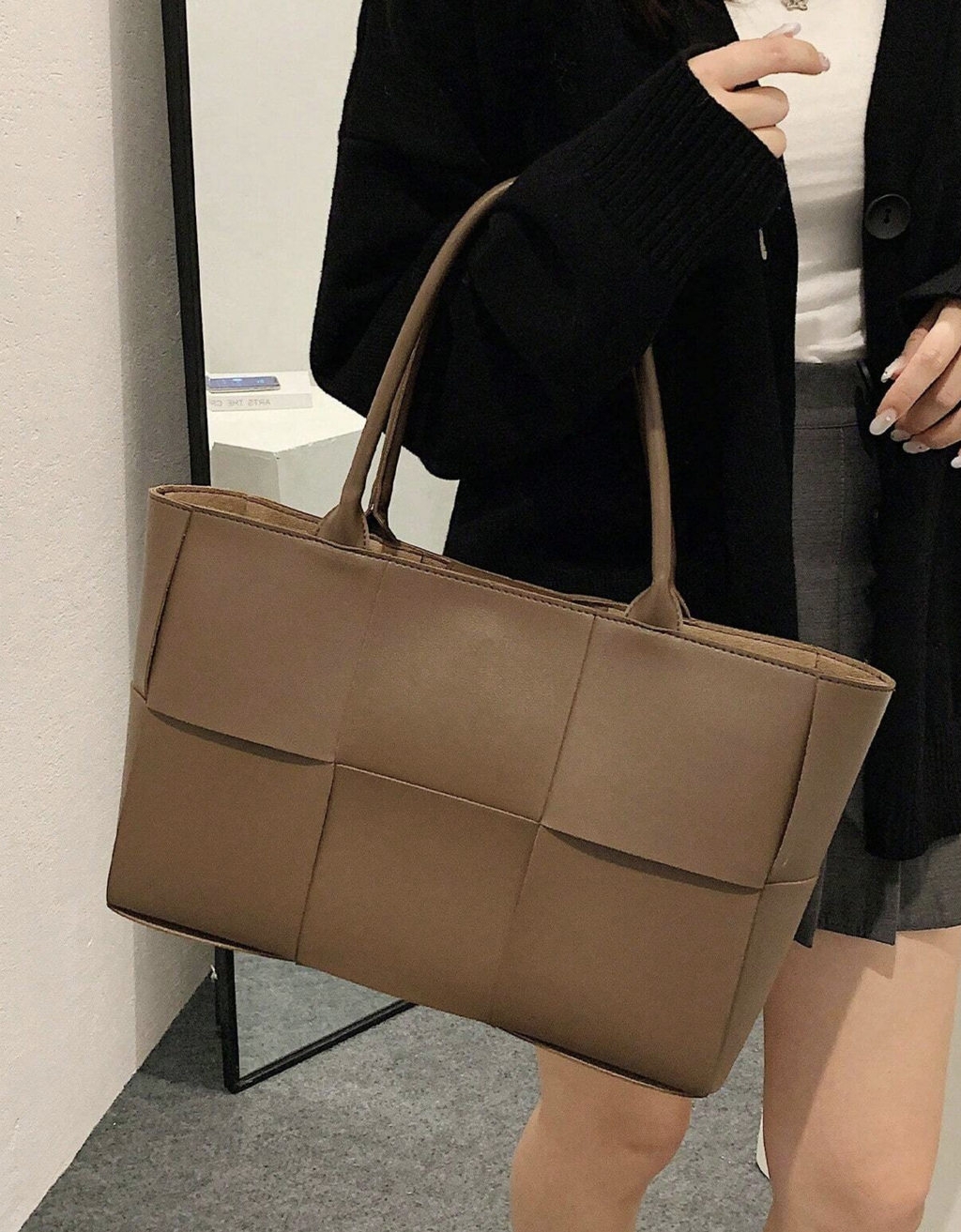 Woven Shoulder Bag with Pouch Inside, Minimalist PU Leather Adjustable Strap Bags
