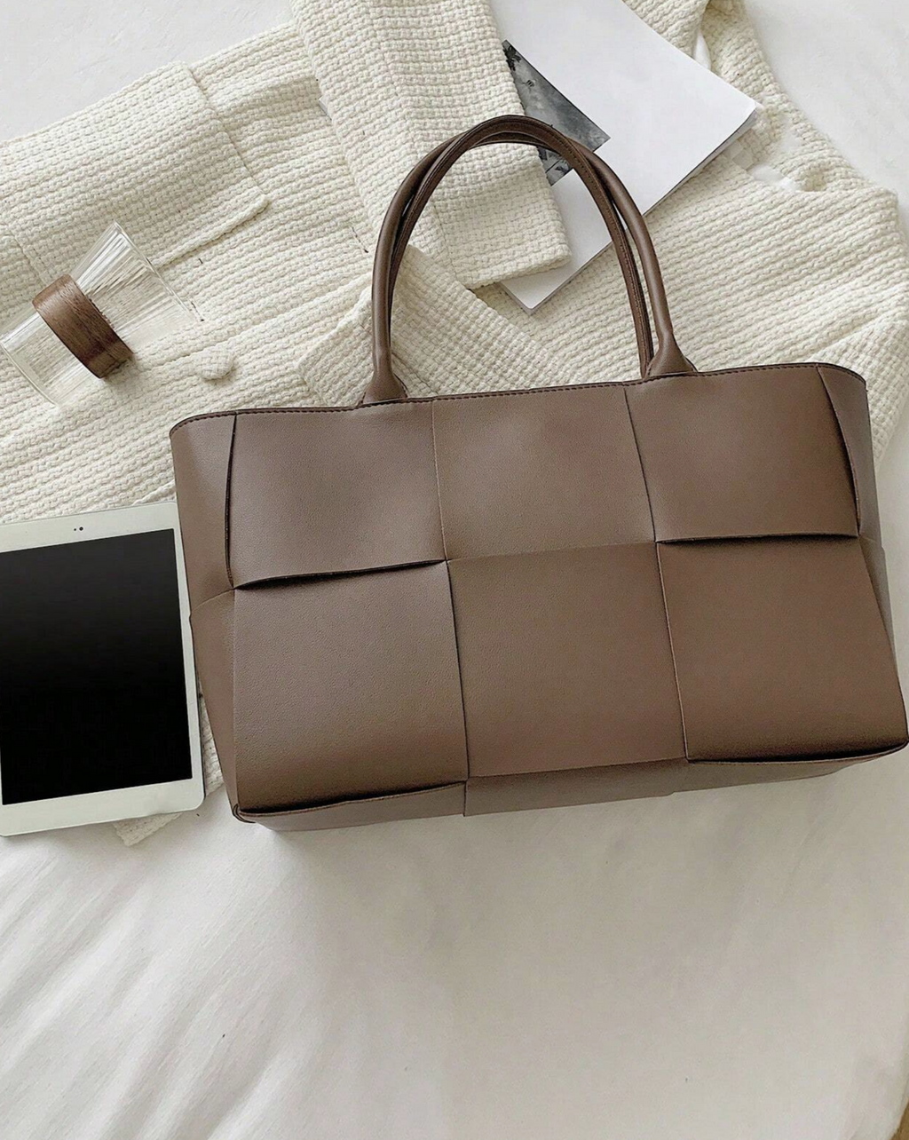 Woven Shoulder Bag with Pouch Inside, Minimalist PU Leather Adjustable Strap Bags