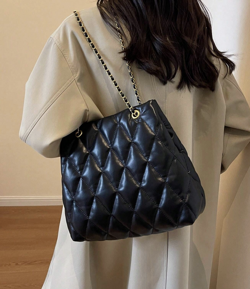 Quilted Chain Shoulder Bag, PU Leather Cushion Quilted Chain Shoulder Bag
