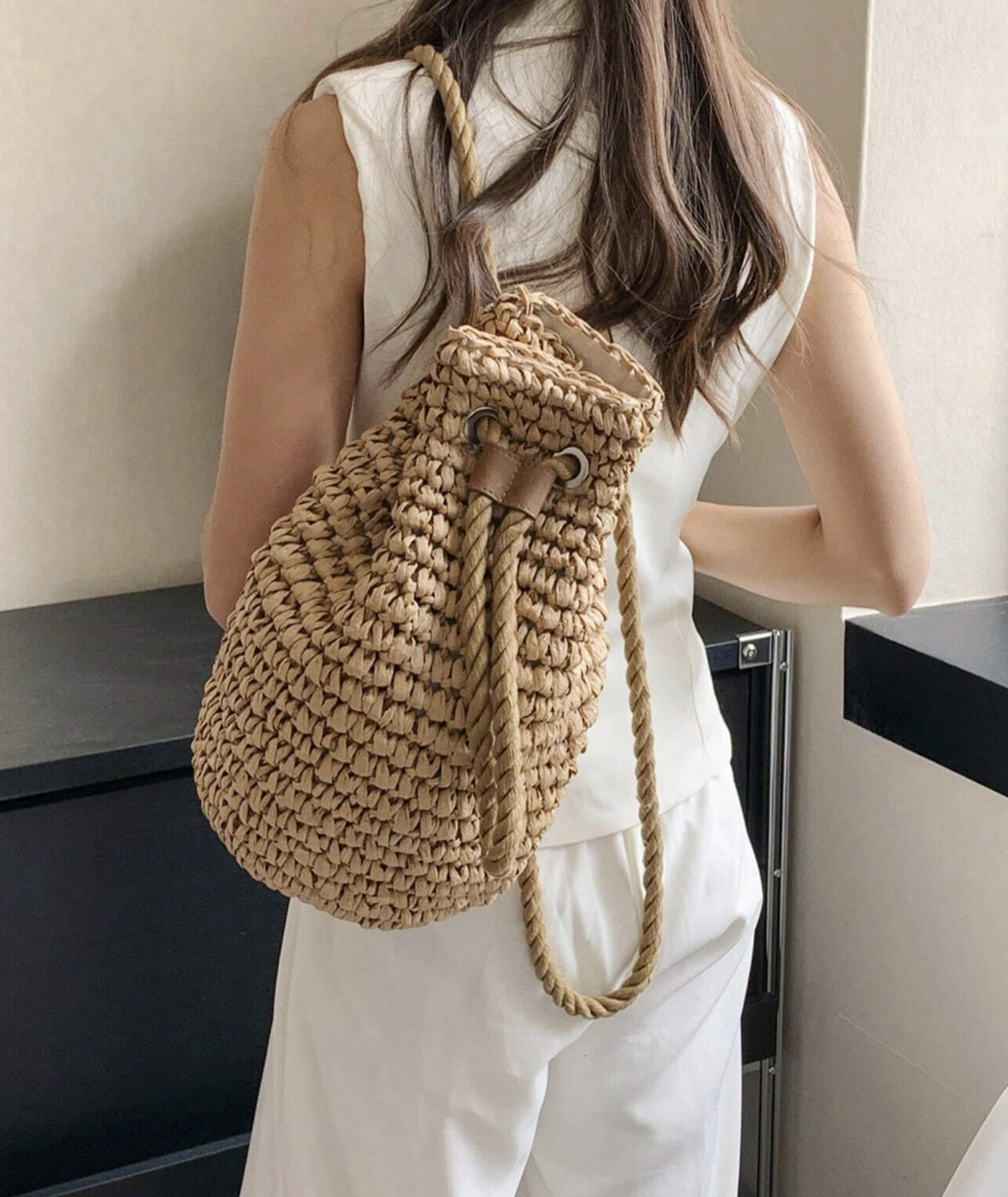 Straw Woven Drawstring Bucket Backpack, Summer Beach Bag, Summer Raffia Backpack