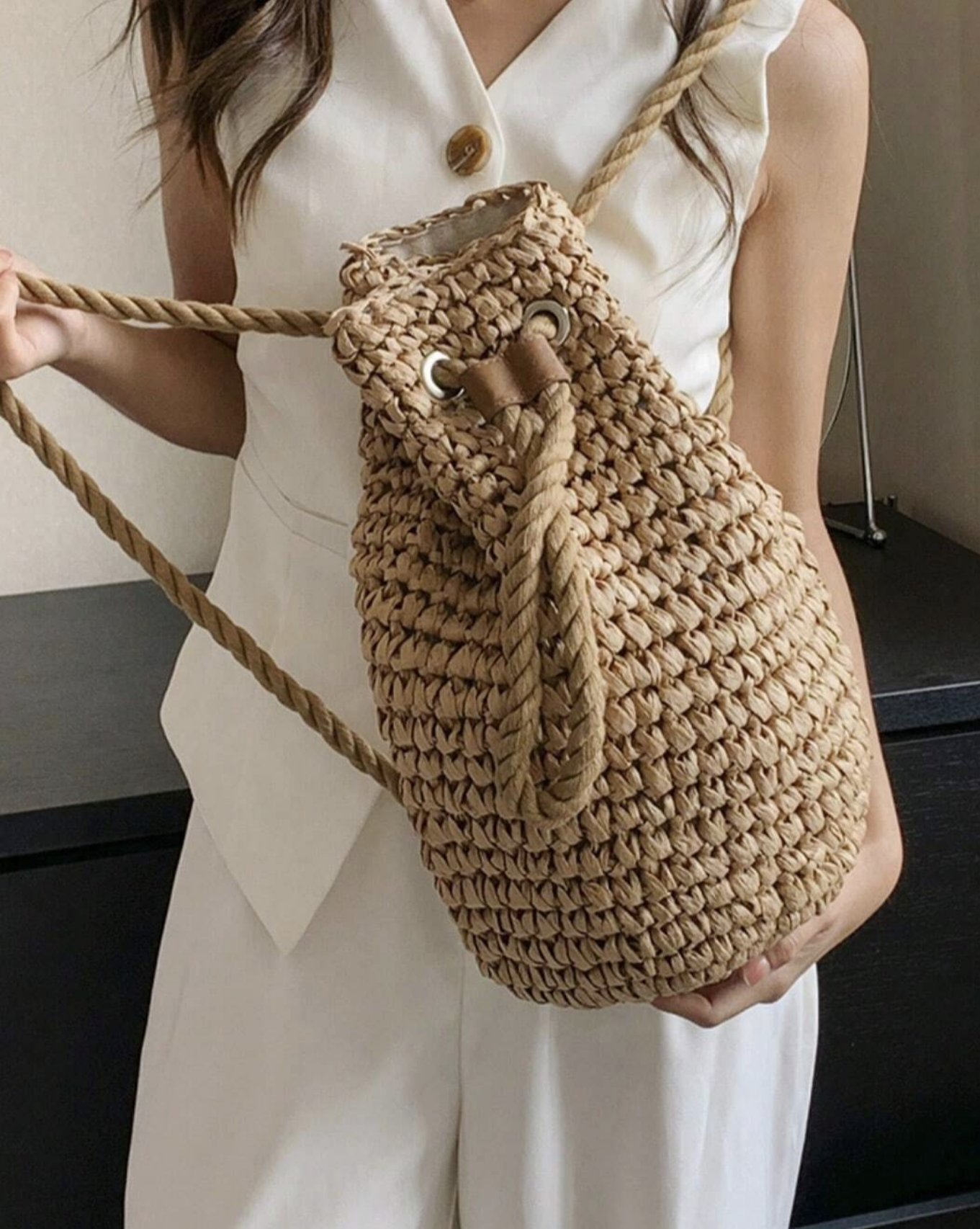 Straw Woven Drawstring Bucket Backpack, Summer Beach Bag, Summer Raffia Backpack