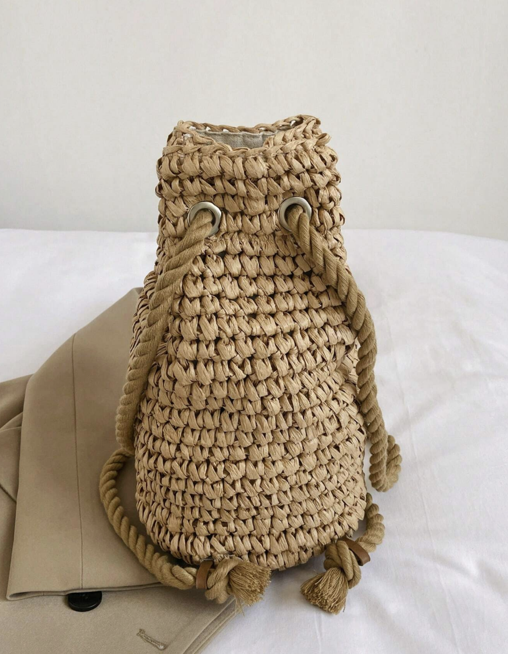 Straw Woven Drawstring Bucket Backpack, Summer Beach Bag, Summer Raffia Backpack