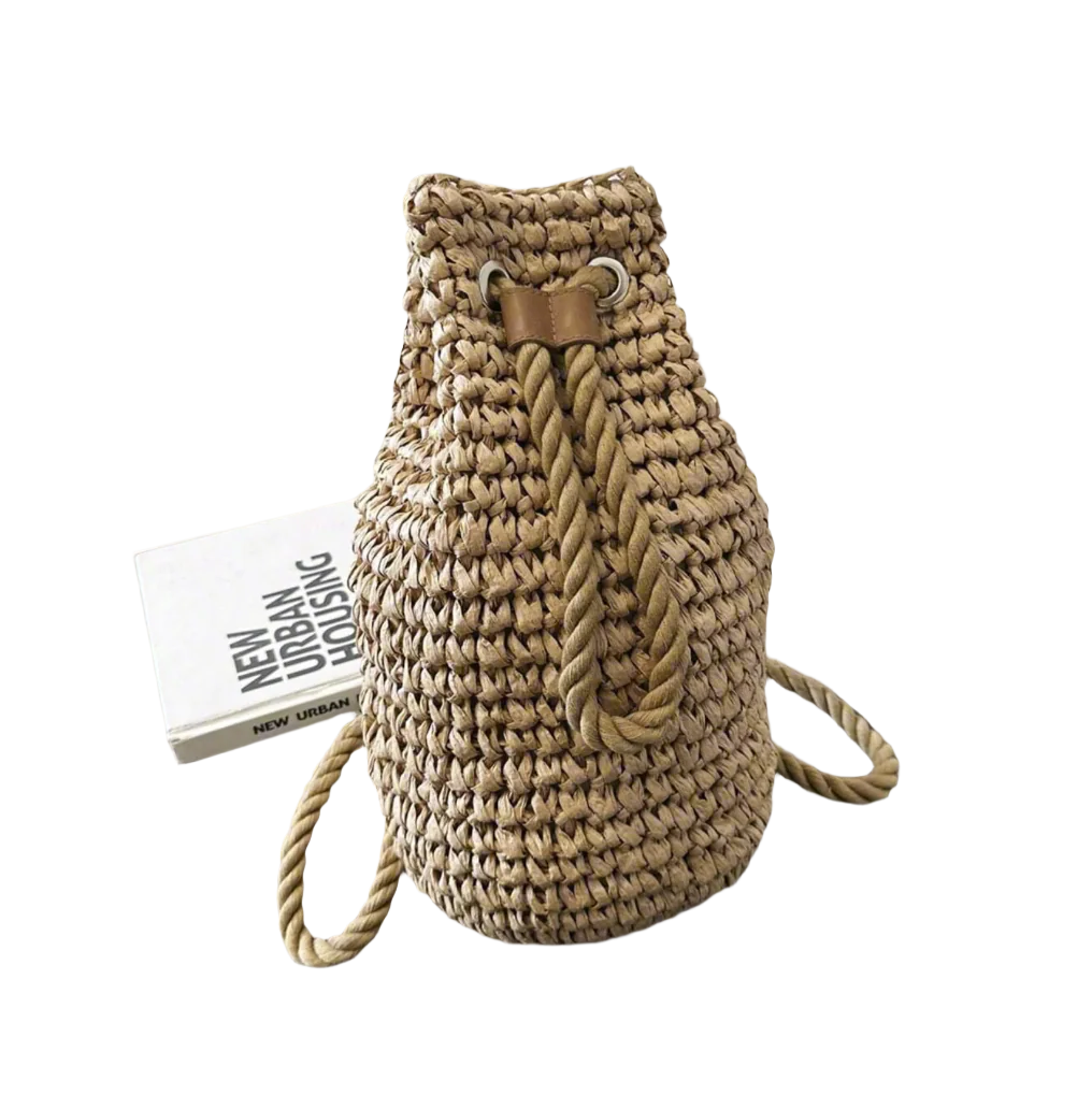 Straw Woven Drawstring Bucket Backpack, Summer Beach Bag, Summer Raffia Backpack