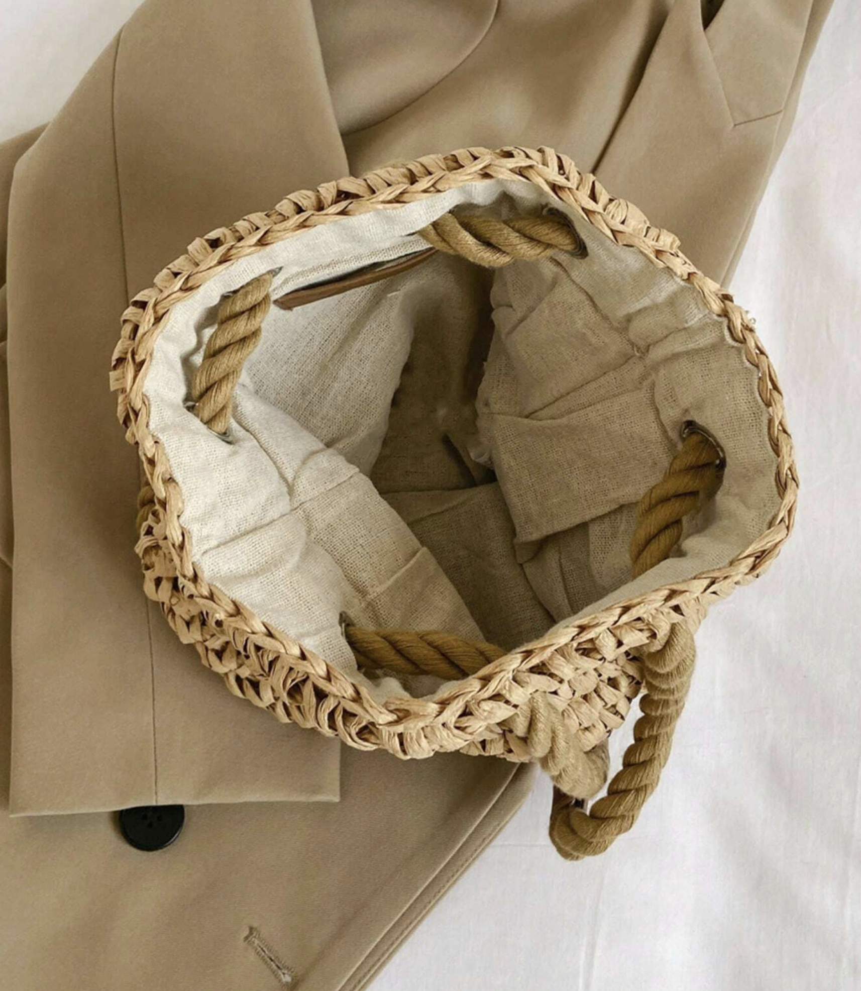 Straw Woven Drawstring Bucket Backpack, Summer Beach Bag, Summer Raffia Backpack