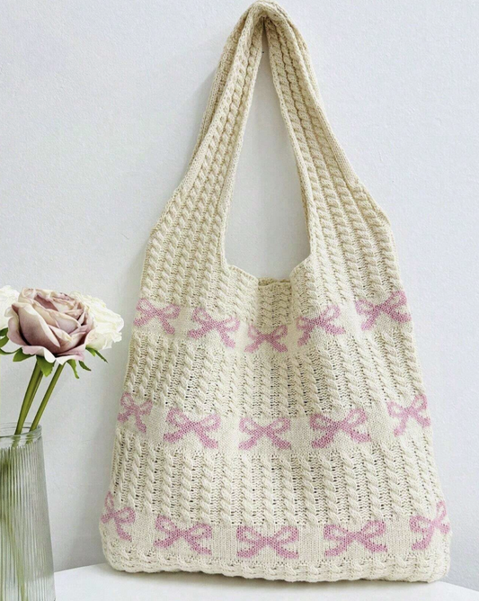 Knit Bow Tote Bag | Coquette Tote Bag | Cute Tote Bag | Coquette Gift Idea | Bridemaids Gift | Birthday Gift Idea