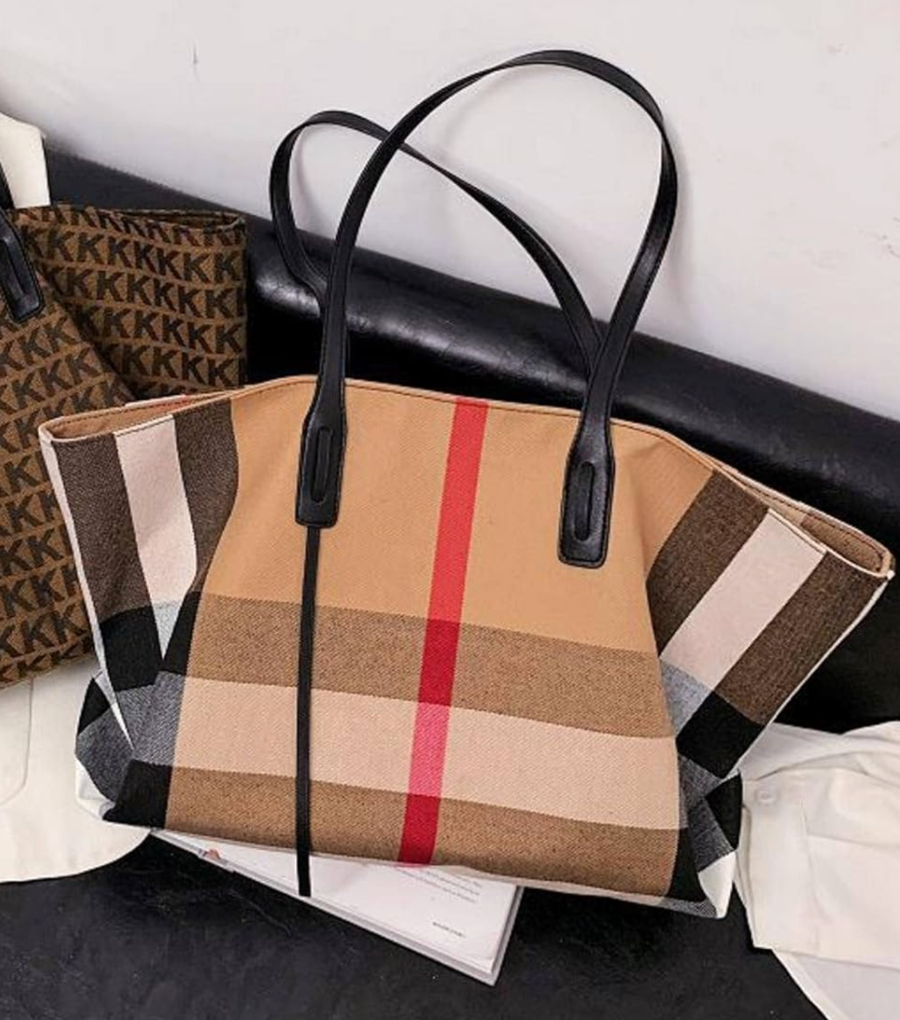 Plaid Canvas Tote Shoulder Bag | Large Capacity Handbags for Women | Cute Tote Bag | Birthday Gift Idea