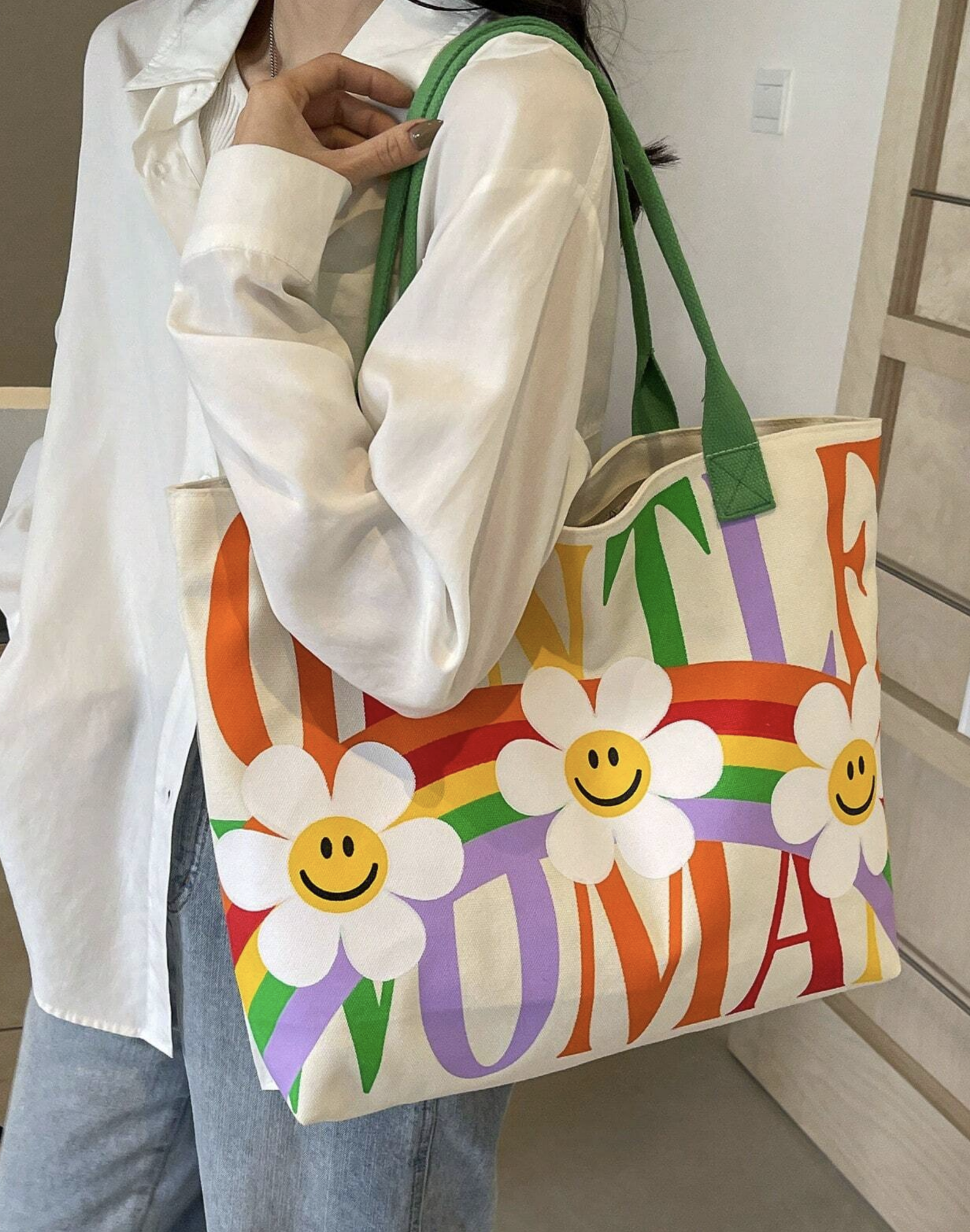 Daisy Graphic Printed Tote Bag – Aesthetic Floral Canvas Shopper for Everyday Use