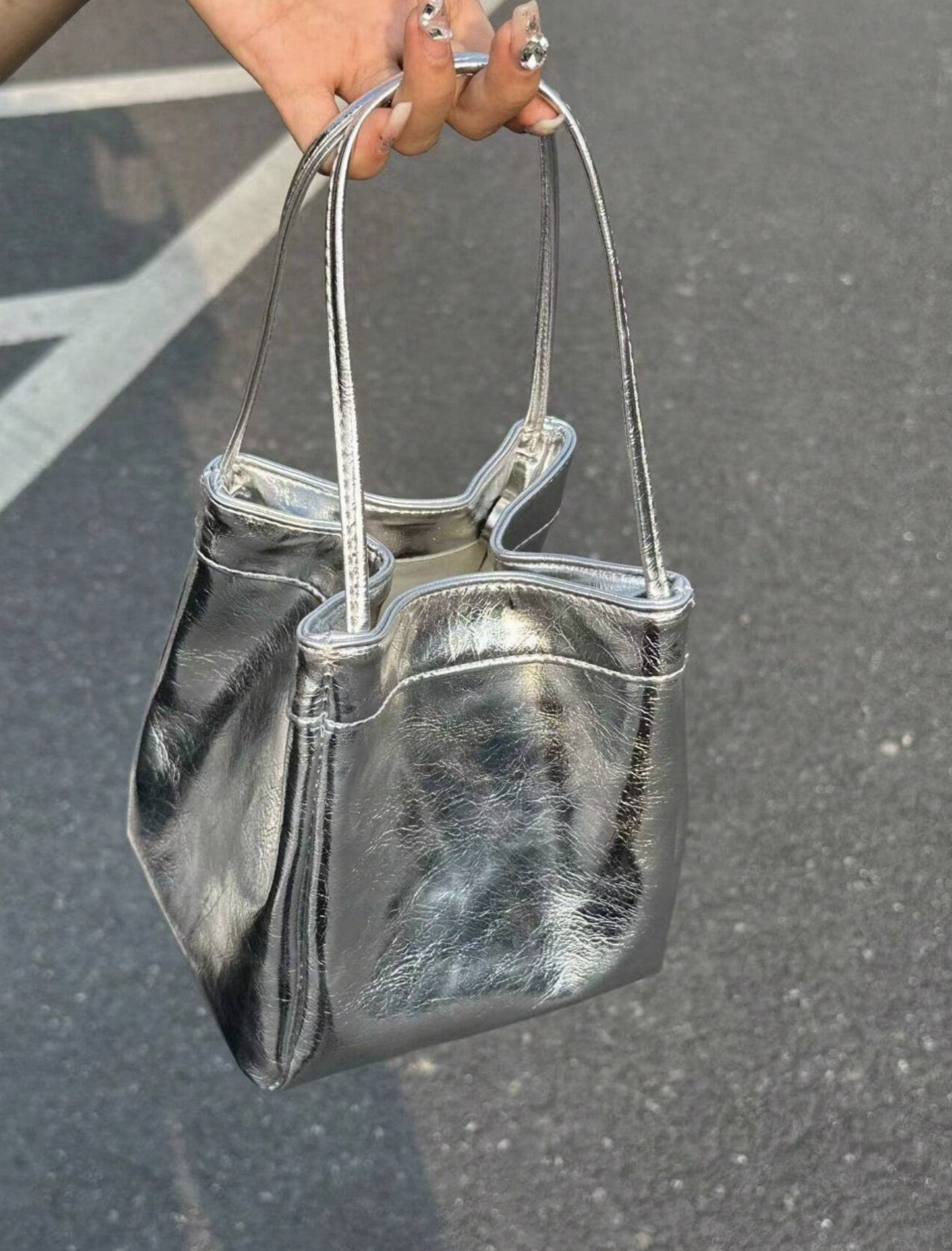 Silver Metallic PU Leather Square Basket Tote Bag