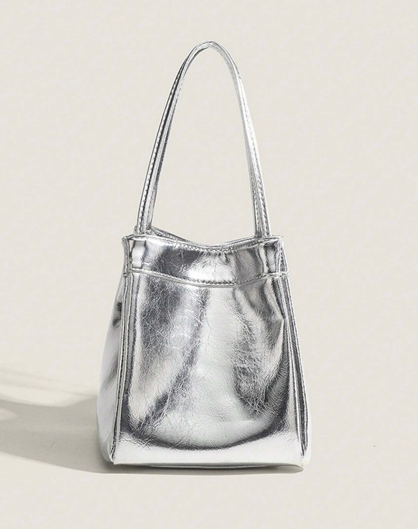 Silver Metallic PU Leather Square Basket Tote Bag