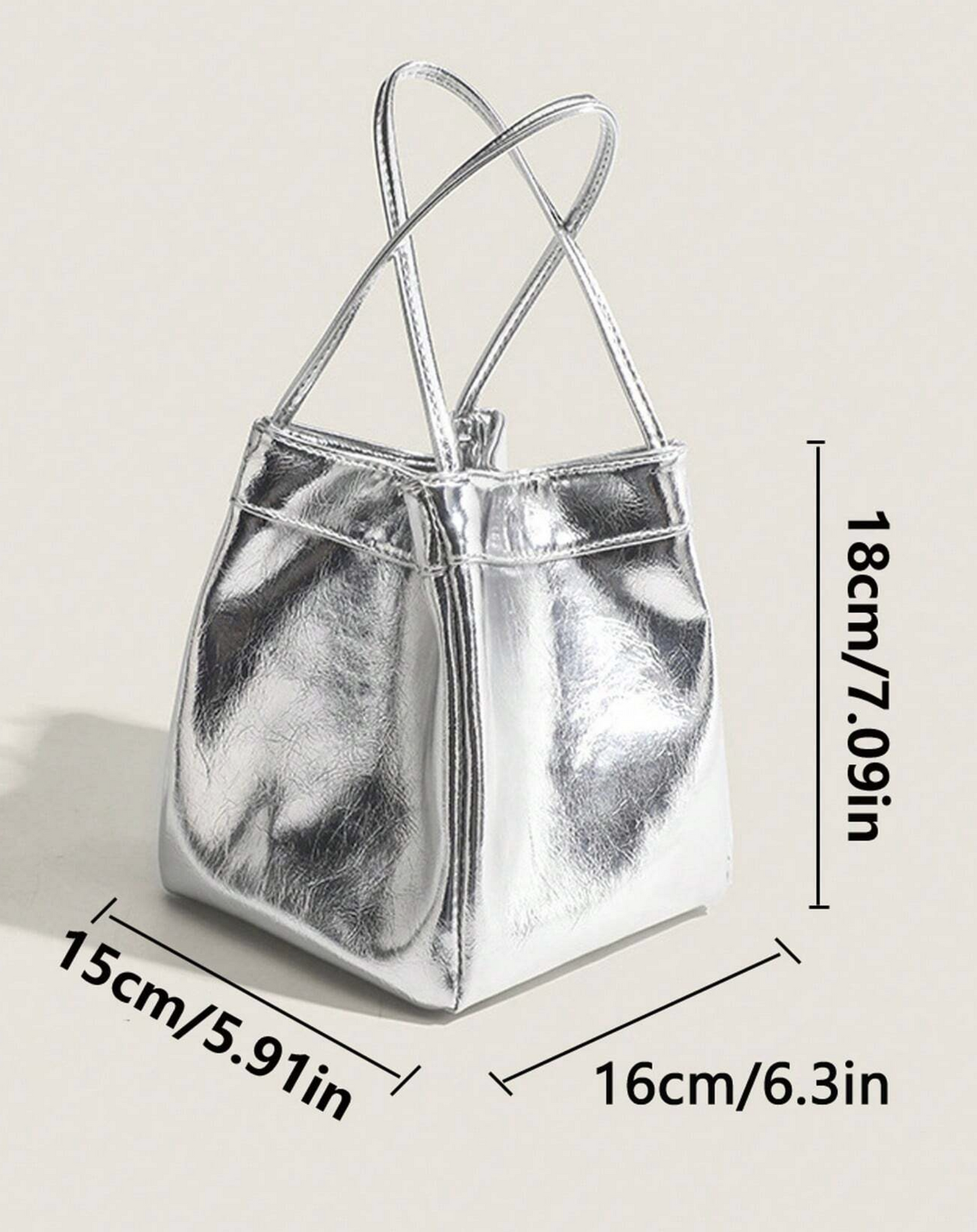 Silver Metallic PU Leather Square Basket Tote Bag