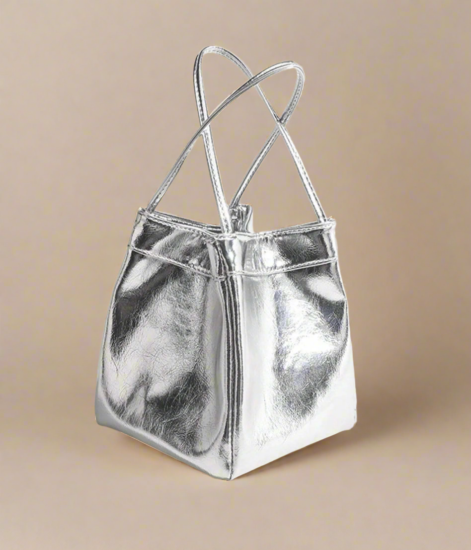 Silver Metallic PU Leather Square Basket Tote Bag