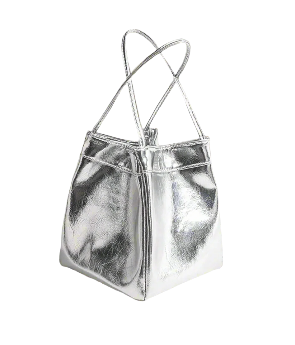 Silver Metallic PU Leather Square Basket Tote Bag