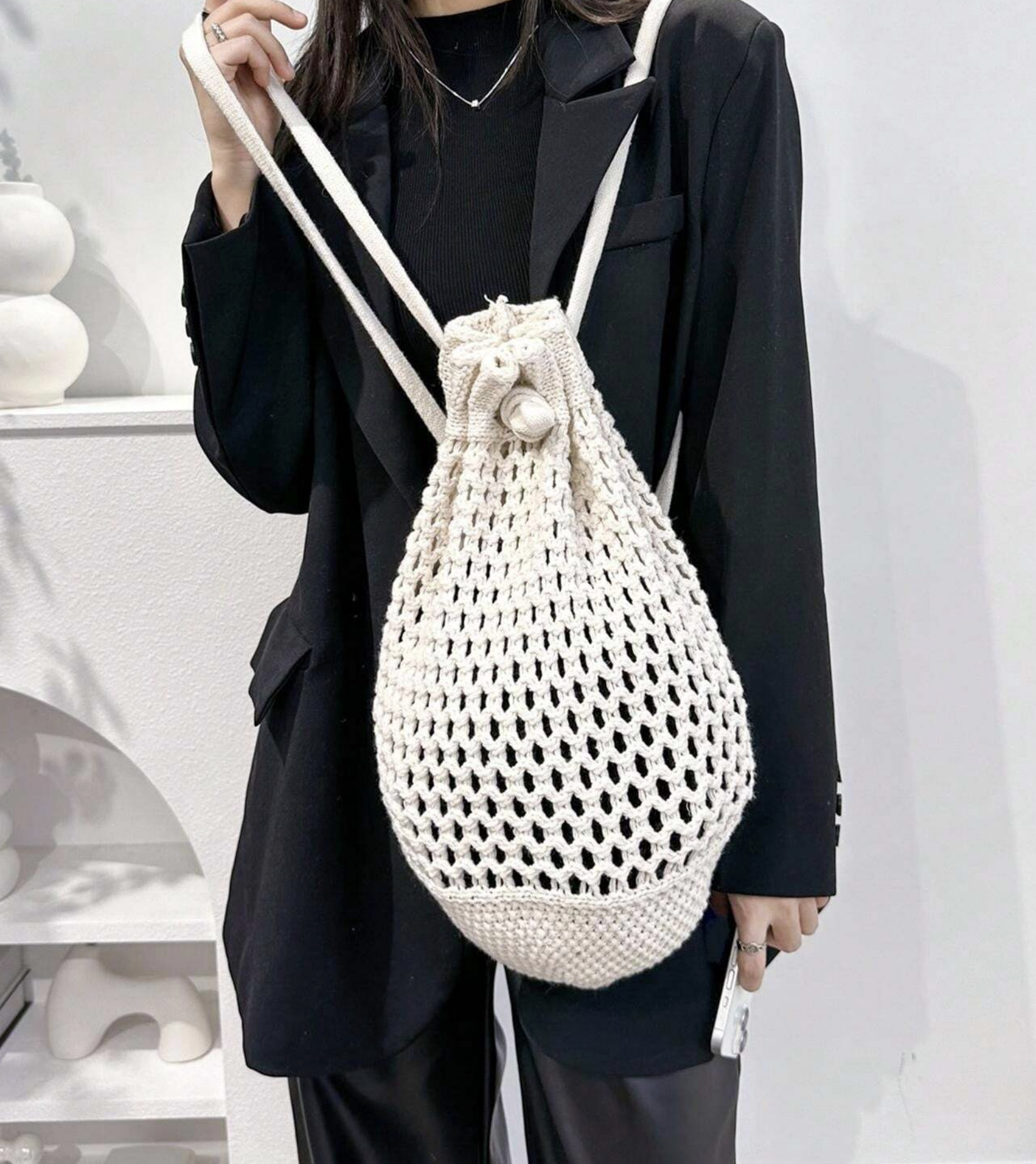 Crochet Bucket Backpack, Stylish Knit Backpack for Casual & Everyday Use