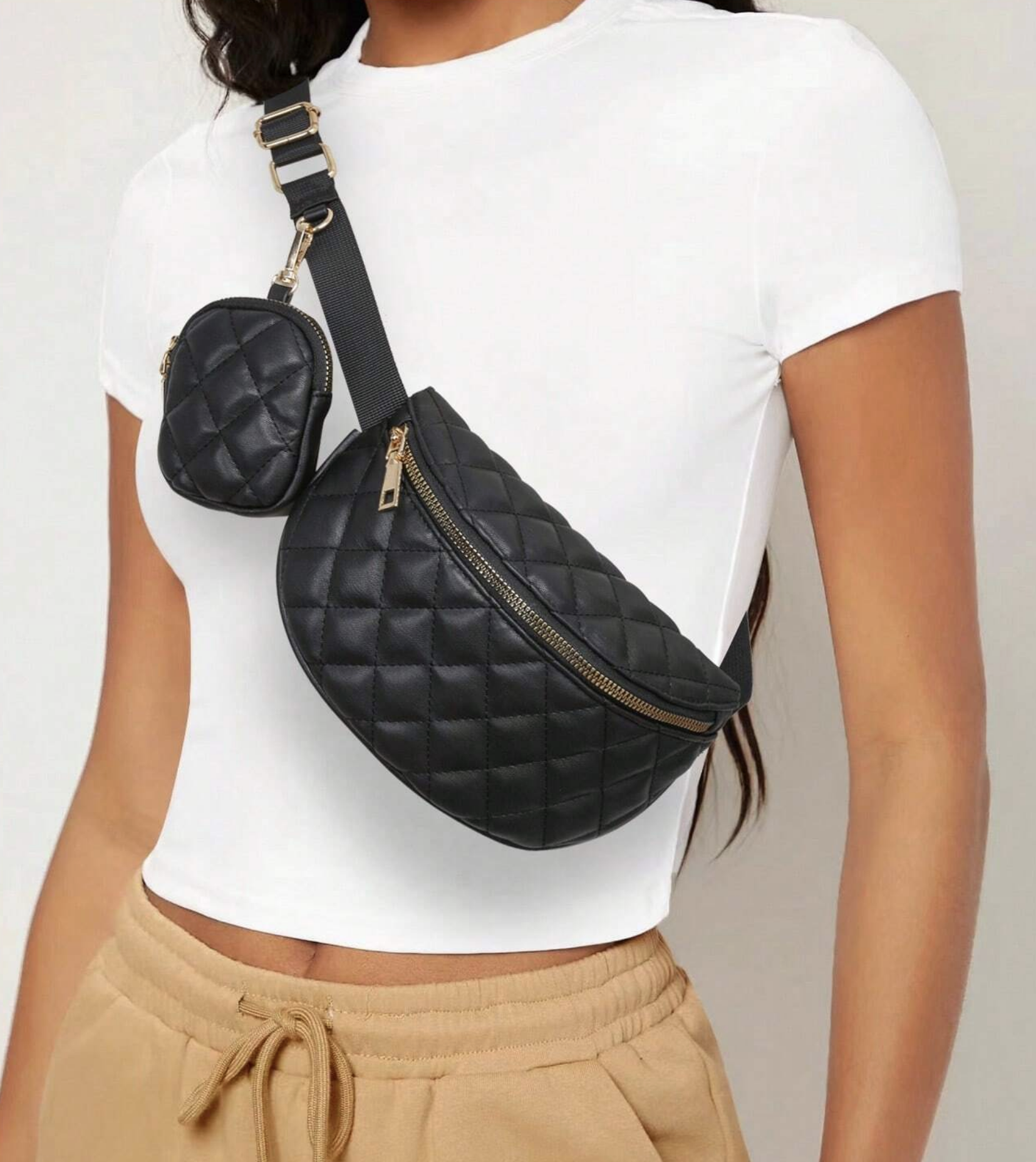 Quilted Crossbody Belt Bag with Small Pouch, Quilted Waist Bag, Fanny Pack