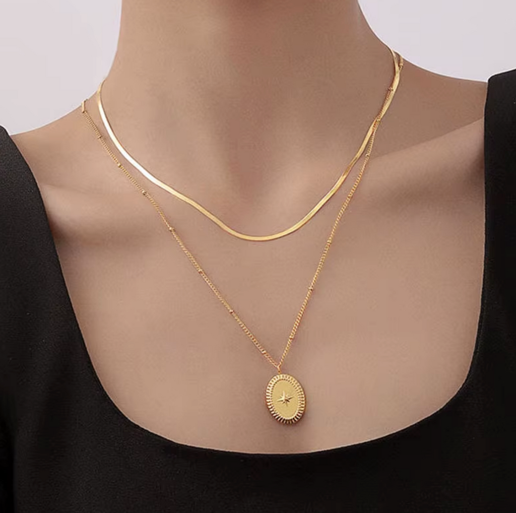 Dainty Star Pendant Necklace, 18K Gold Plated Double Layer Chain, 16-22 Inch Adjustable Length, Stainless Steel Minimalist Jewelry